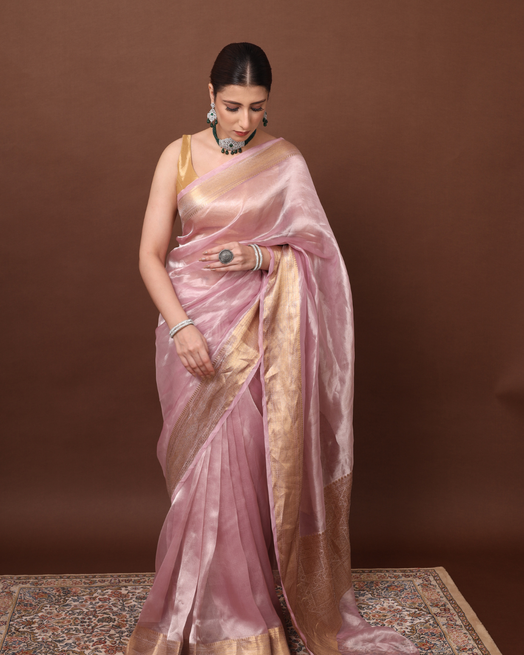 Regal Pearl Pink Banarasi Tissue Silk Saree