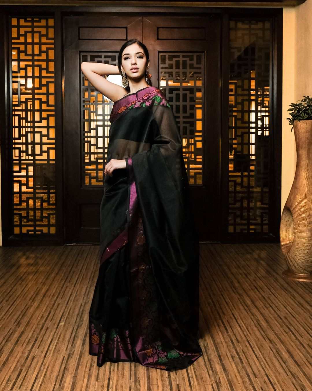 Black Kota Banarasi silk saree with intricate handwoven silk thread embroidery, lightweight and elegant for festive occasions