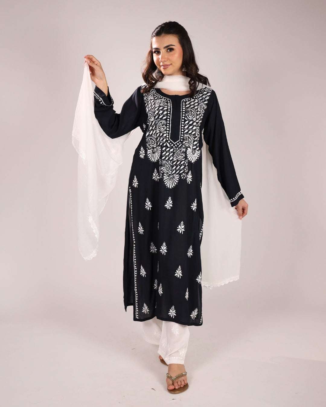 Black Modal Women's Chikankari Kurta Set with Dupatta