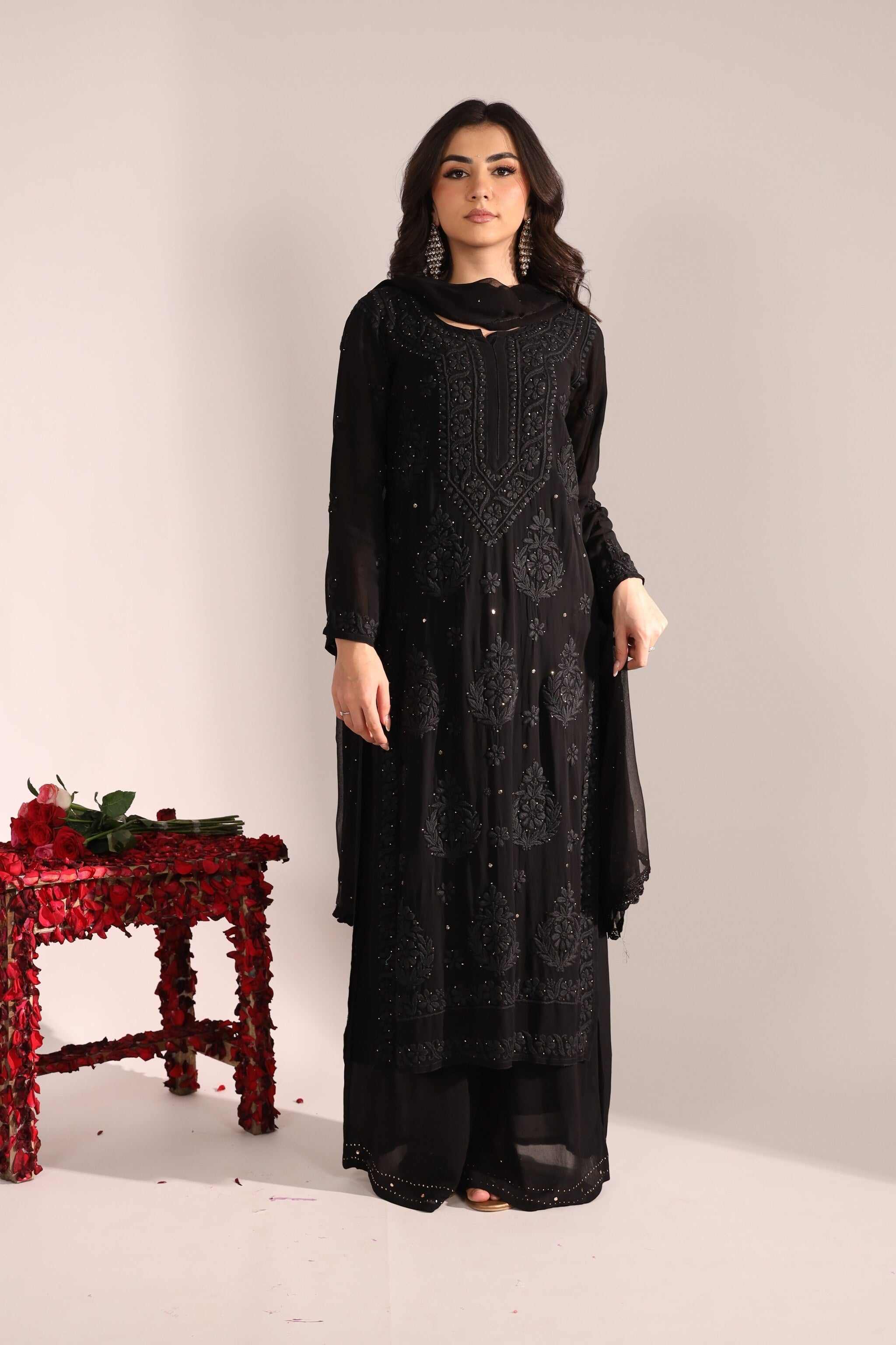 Woman wearing black Chikankari kurta with badla work, full front view – Sitara Collection