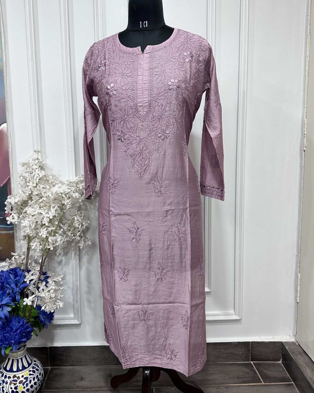 Mauve Canderi Chikankari Kurta for women with tone-on-tone embroidery and summer-friendly fabric