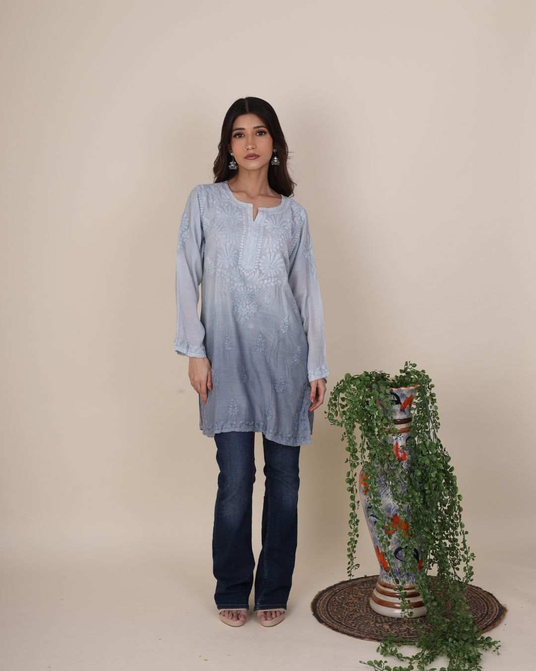 Grey ombre Chikan short kurti for women with hand Chikankari embroidery on muslin cotton fabric