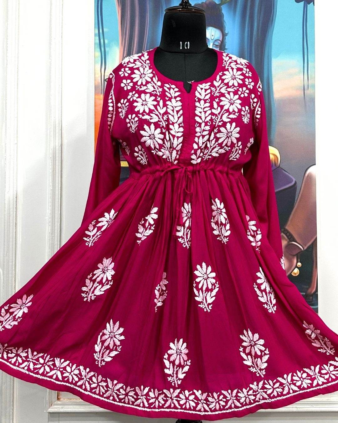 Chikankari dark pink gown kurti for women in modal cotton with white embroidery and flared silhouette