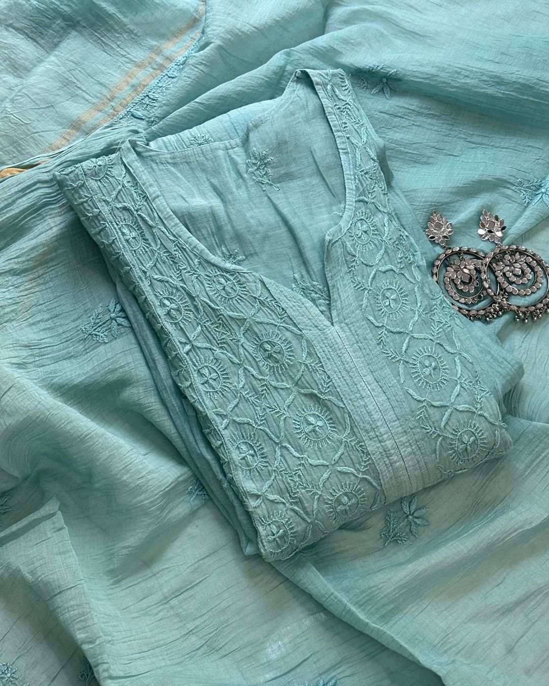 Semi-stitched sea green chikankari dress material set with kurta and dupatta in pure mulmul cotton