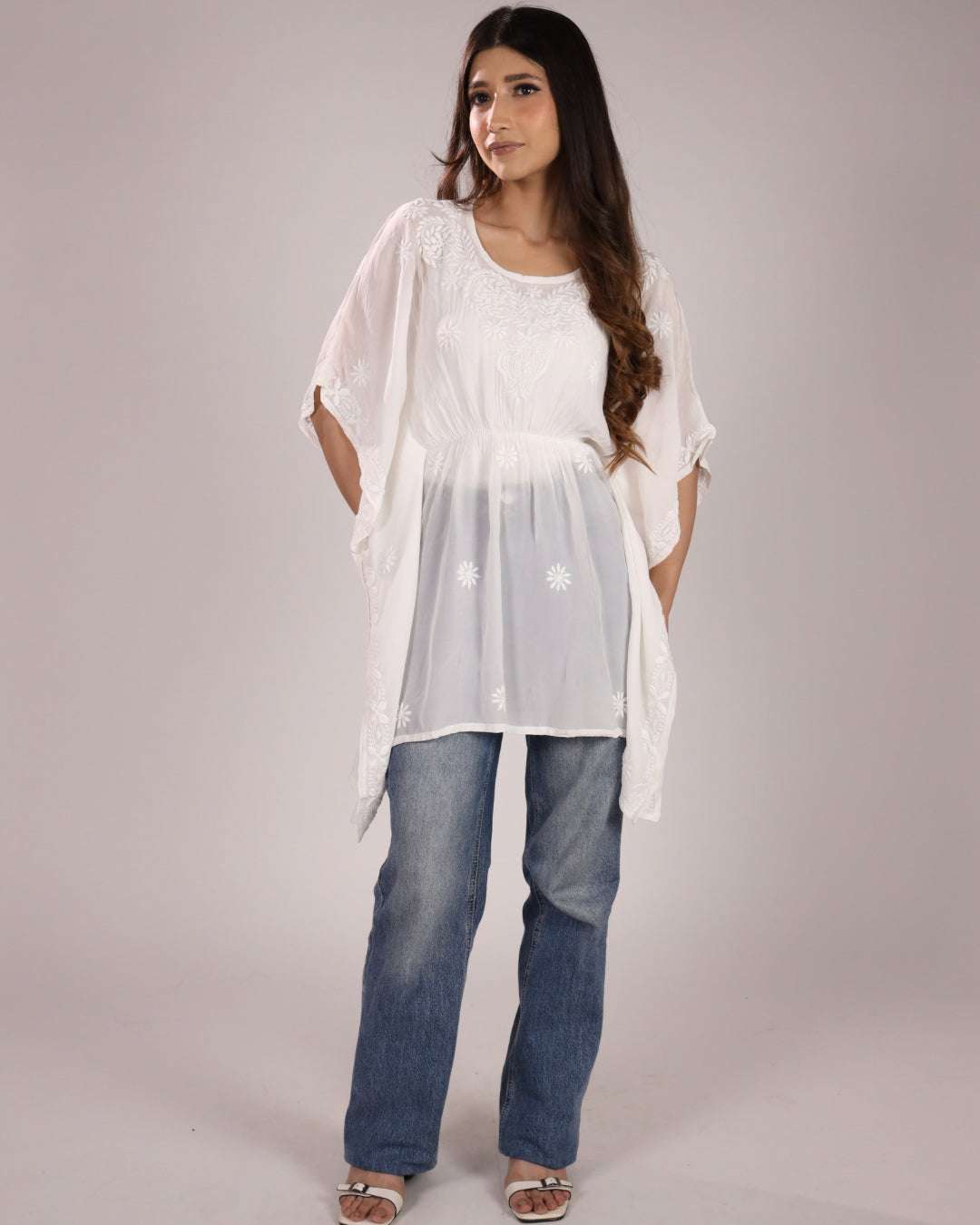 White crepe Chikankari kaftan short kurti for women with loose sleeves and comfortable fit