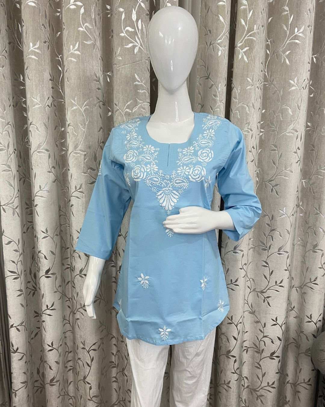 Sky Blue Chikankari Short Kurti for Women