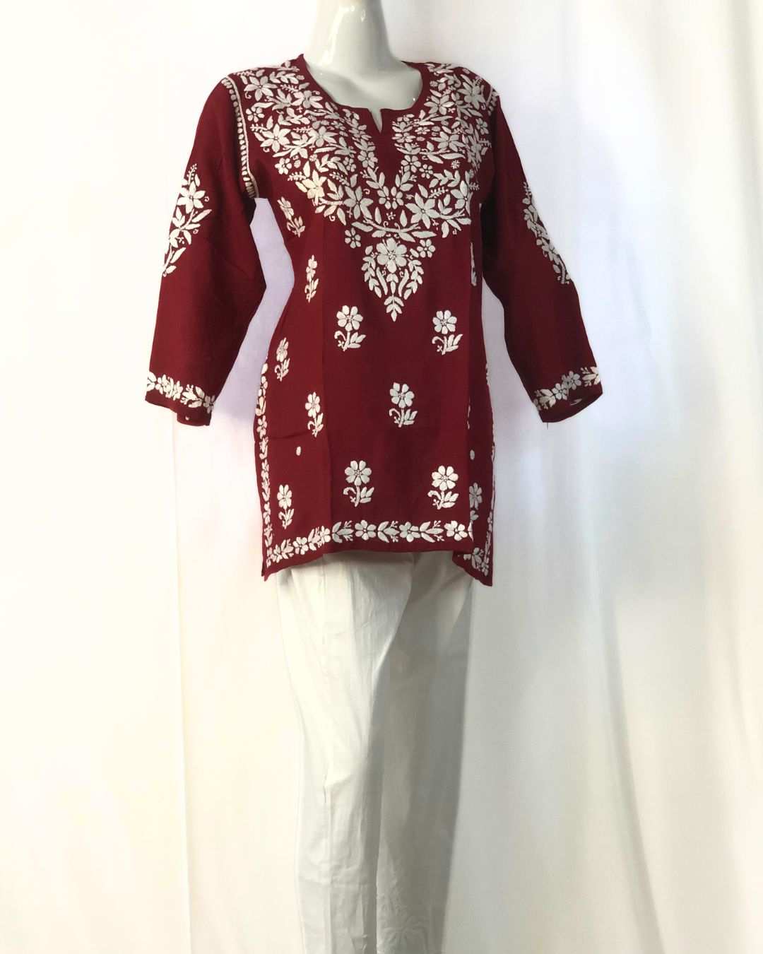 Red chikankari short kurti for women in modal cotton summer fabric