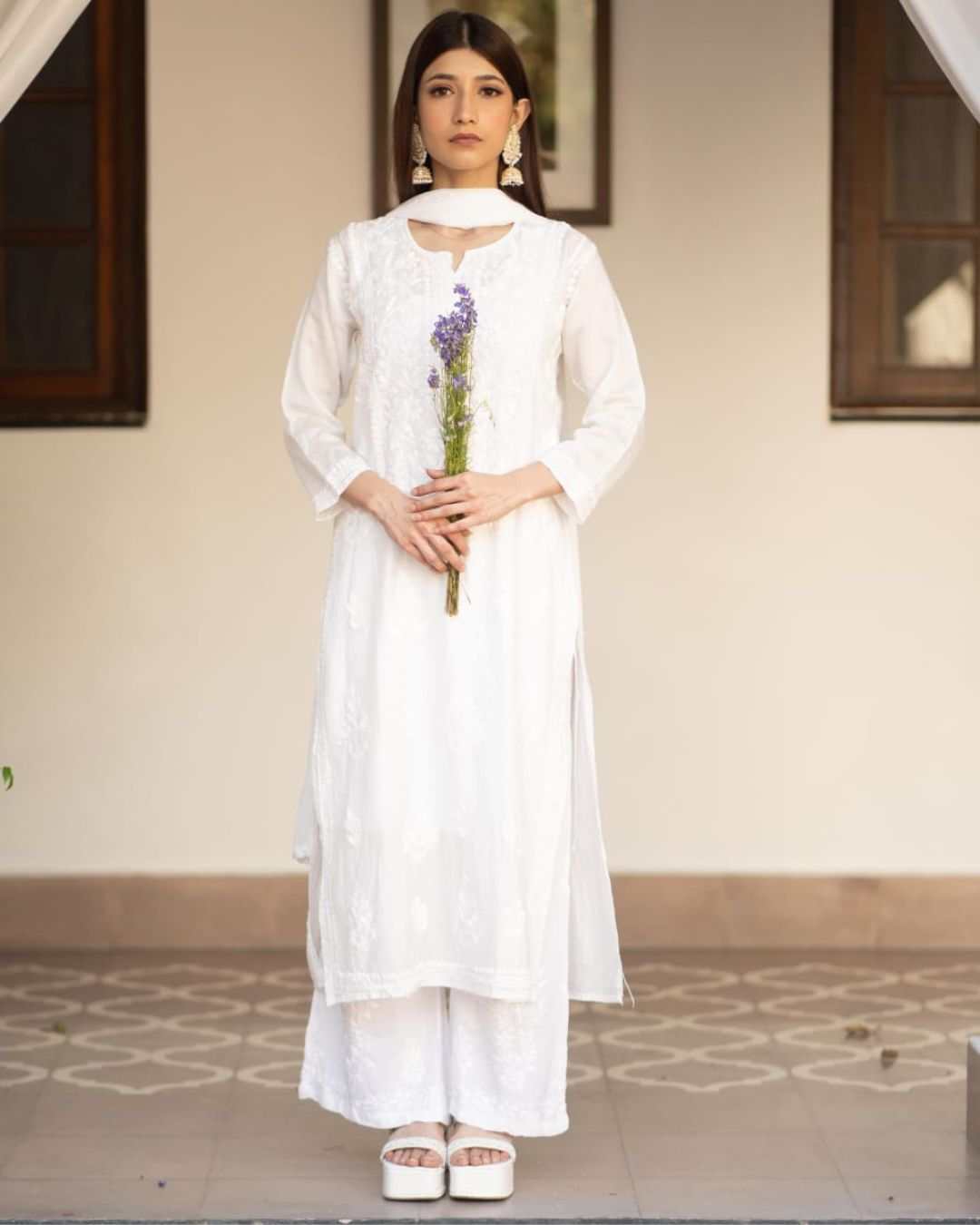 Chikankari Zia White Chanderi Kurta Set