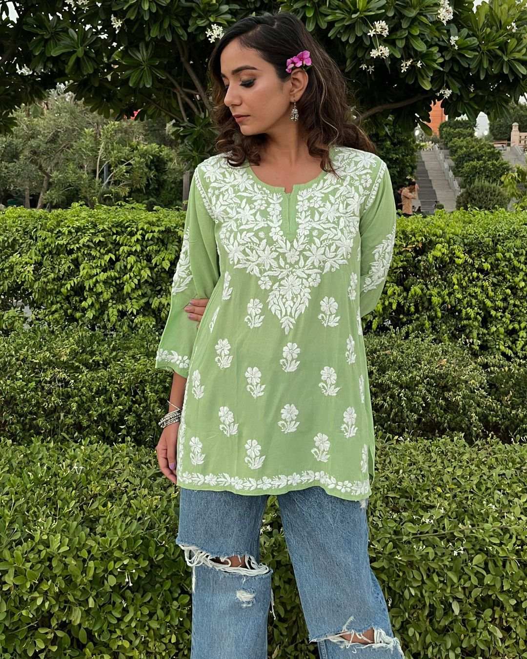 Mint green Chikankari short Kurta for women made of modal cotton, 31-inch length, summer wear
