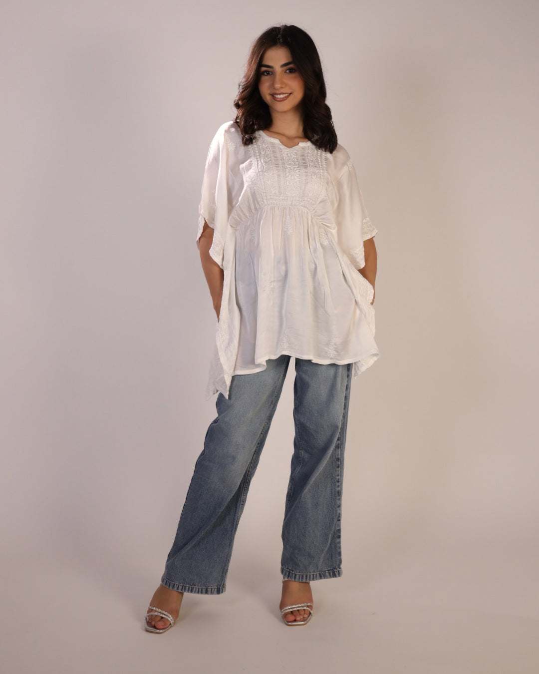 White Chikankari Women's Short Kaftan in modal satin fabric with loose sleeves and relaxed fit