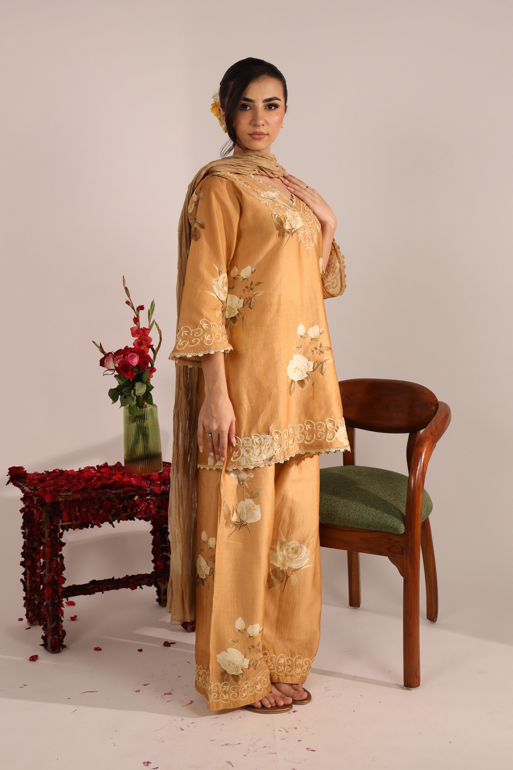Side pose showcasing the elegance of Chanderi co-ord with Chikankari work