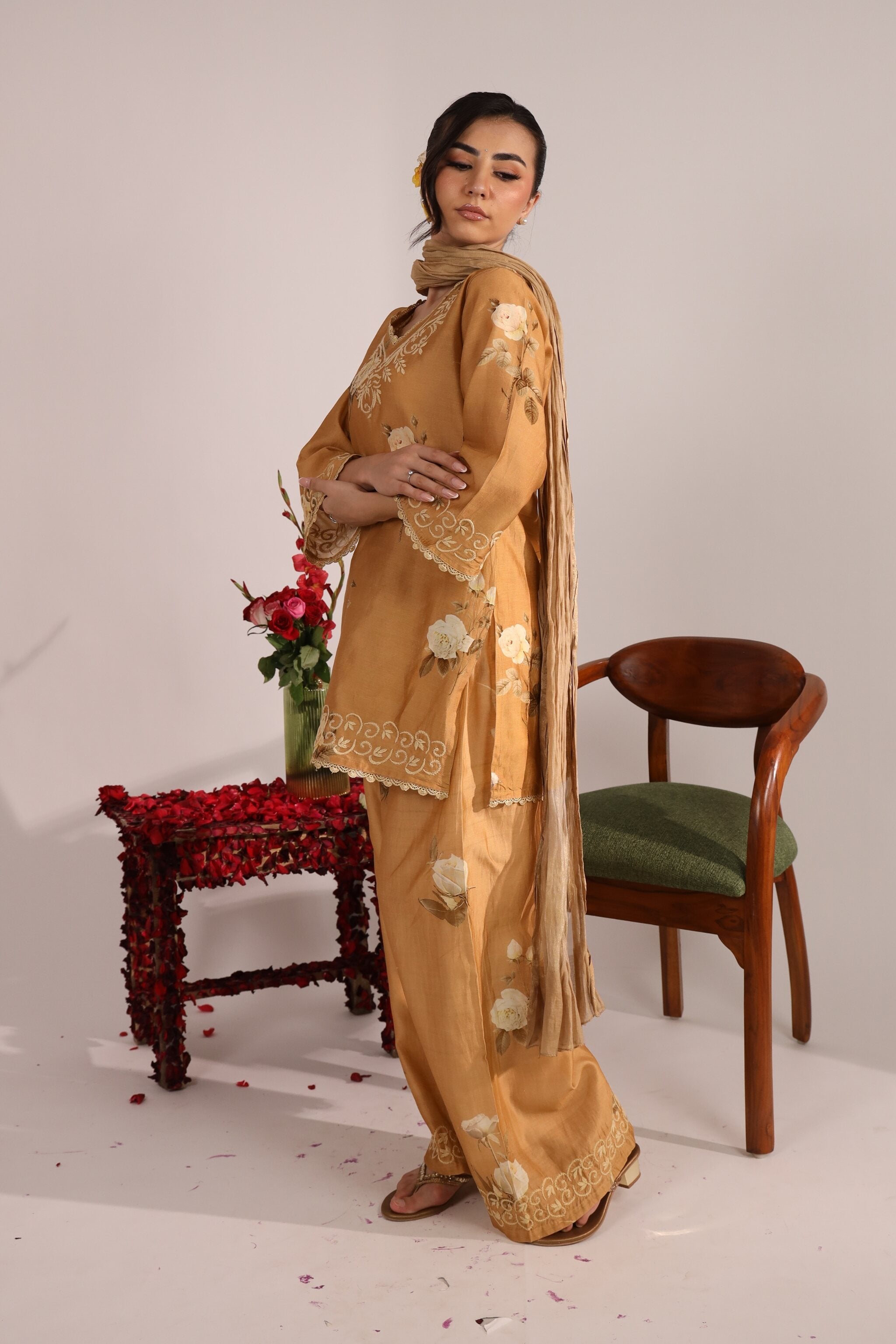 Side pose showcasing the elegance of Chanderi co-ord set with Chikankari work