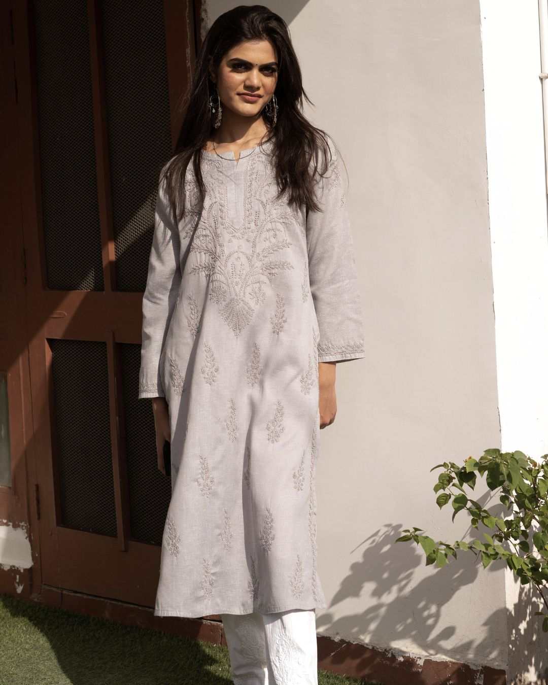 Grey Cotton Chikan Kurta with intricate Lucknowi embroidery made from breathable cotton