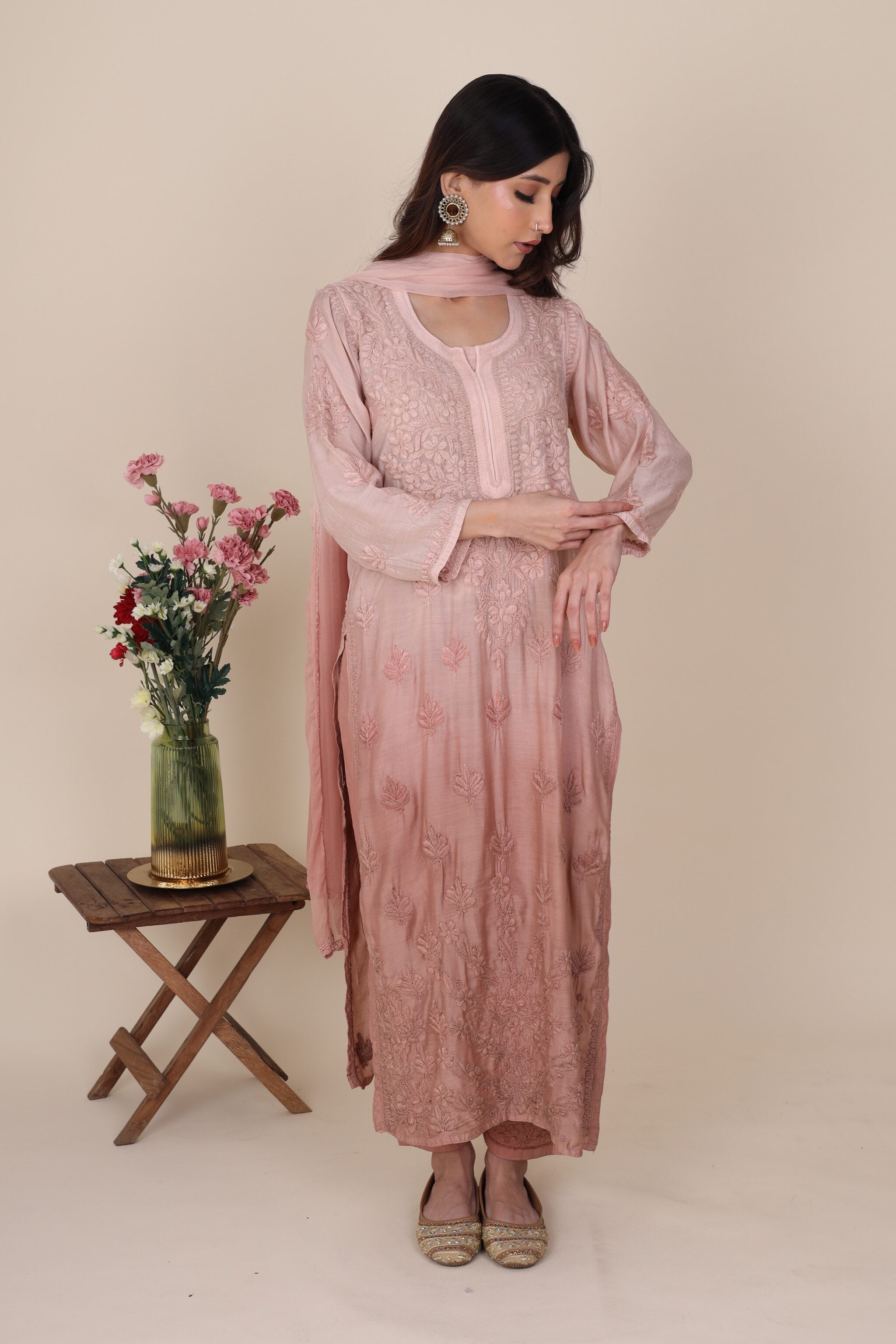 Front view of the Gauhar Dusky Pink Chikankari Set styled with dupatta in soft muslin cotton