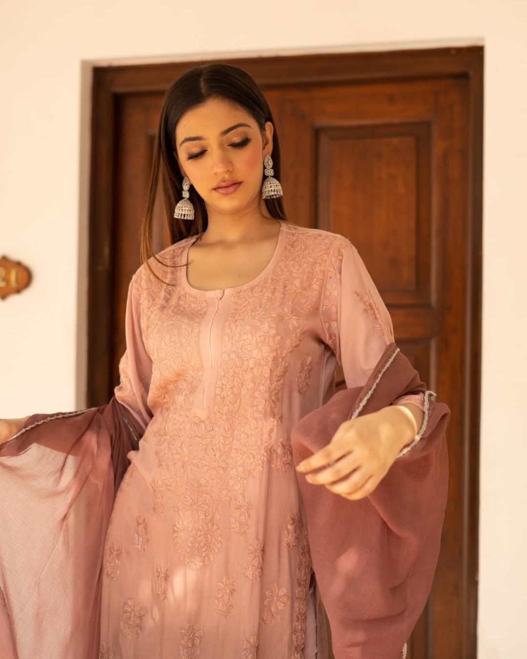 Falak Brown Ombre Chikankari Kurta Set for Women with Chiffon Dupatta