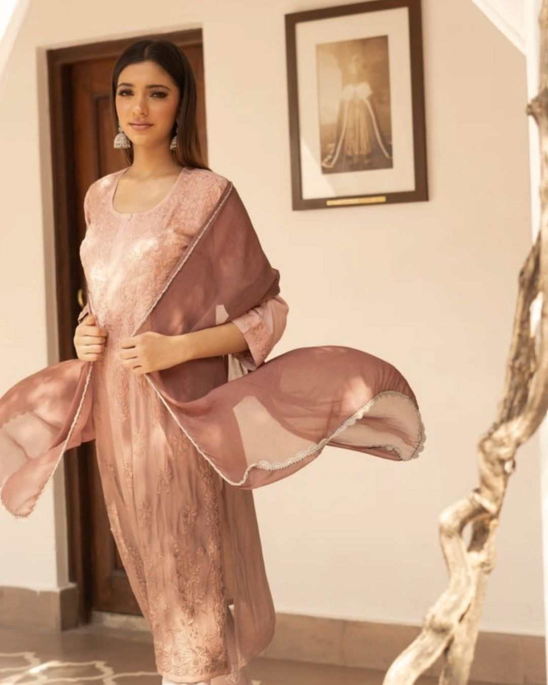 Falak Brown Ombre Chikankari Kurta Set for Women with Chiffon Dupatta