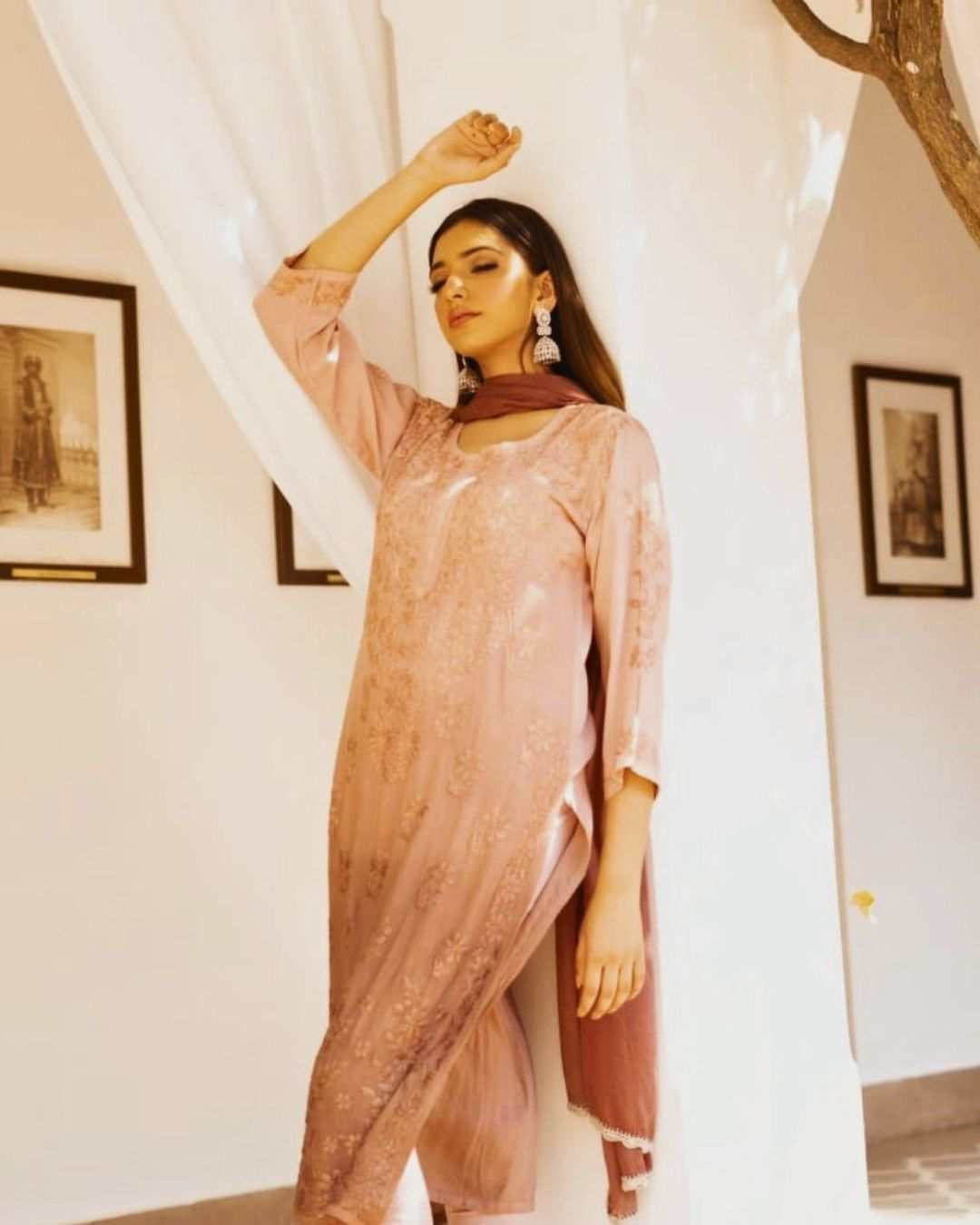Falak Brown Ombre Chikankari Kurta Set for Women with Chiffon Dupatta
