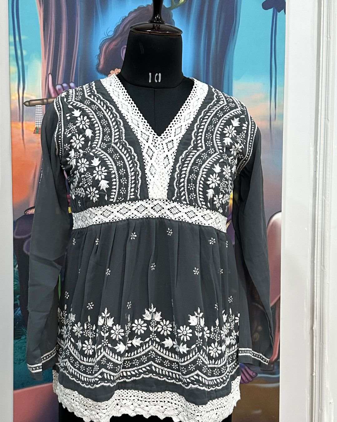 Grey georgette lace short kurti with chikankari embroidery and full sleeves for women