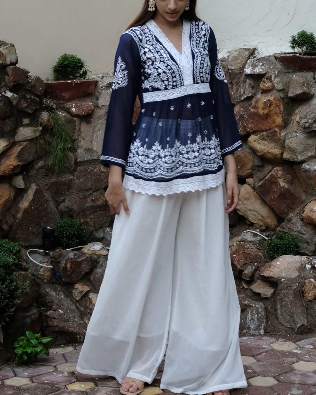 Blue georgette short lace top with Chikankari embroidery and full sleeves for women