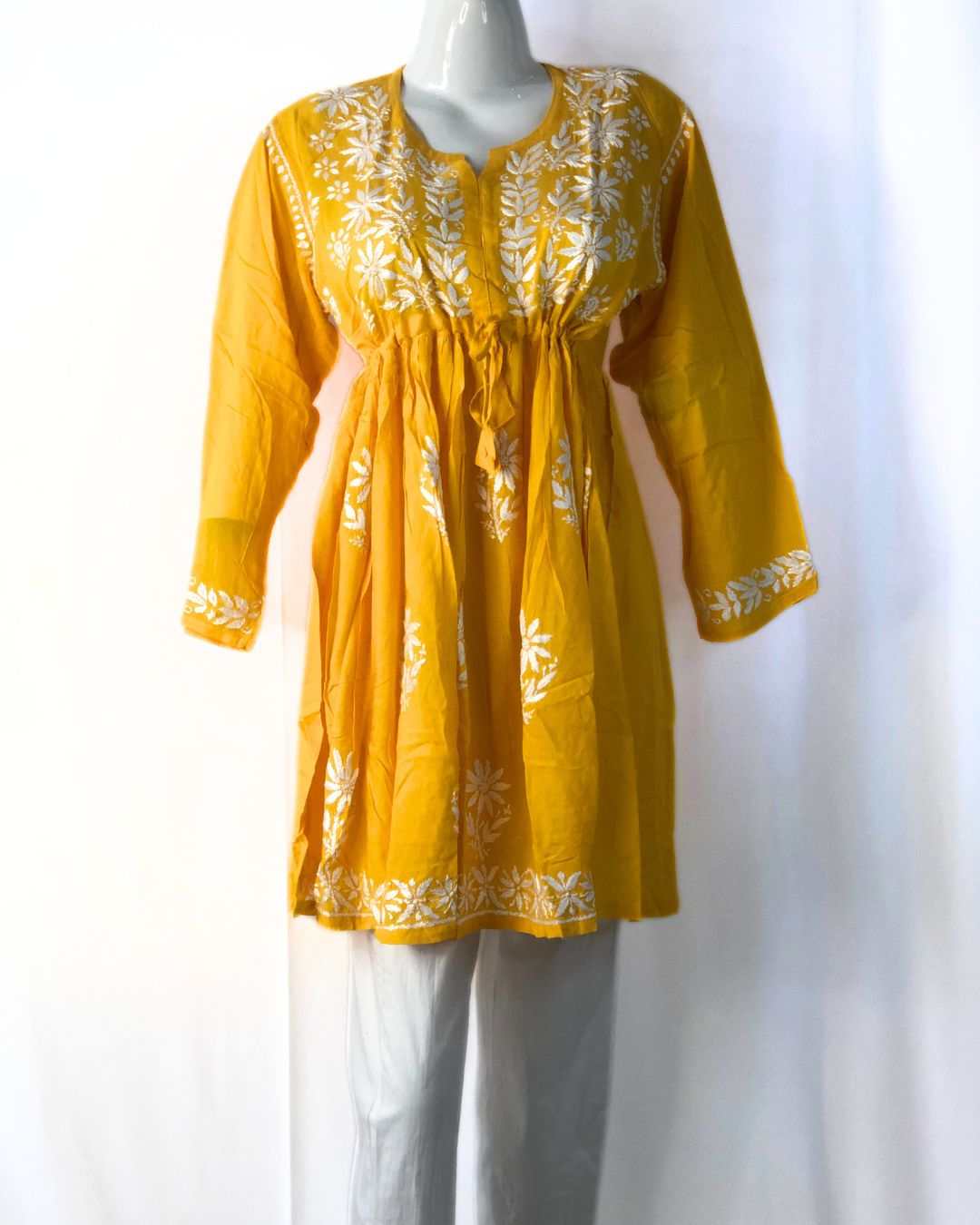 Yellow gown short Chikan kurti for women in modal cotton fabric