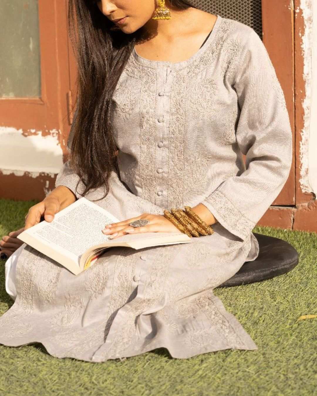 Grey Cotton Chikan Kurta For Ladies