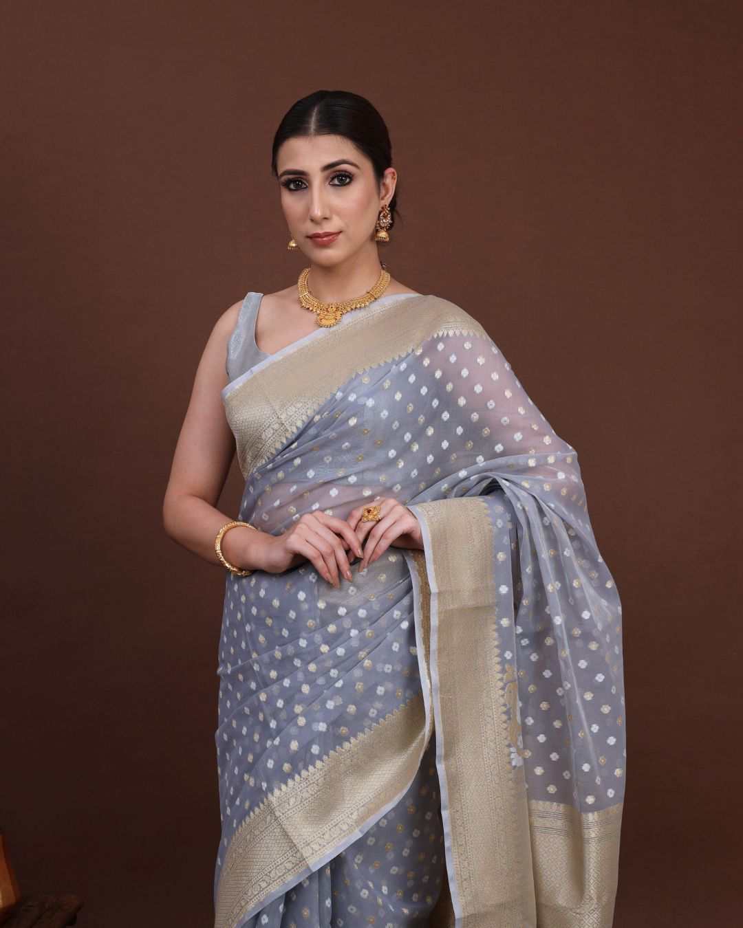 Pearl Sky Jamdani Cotton Silk Saree -