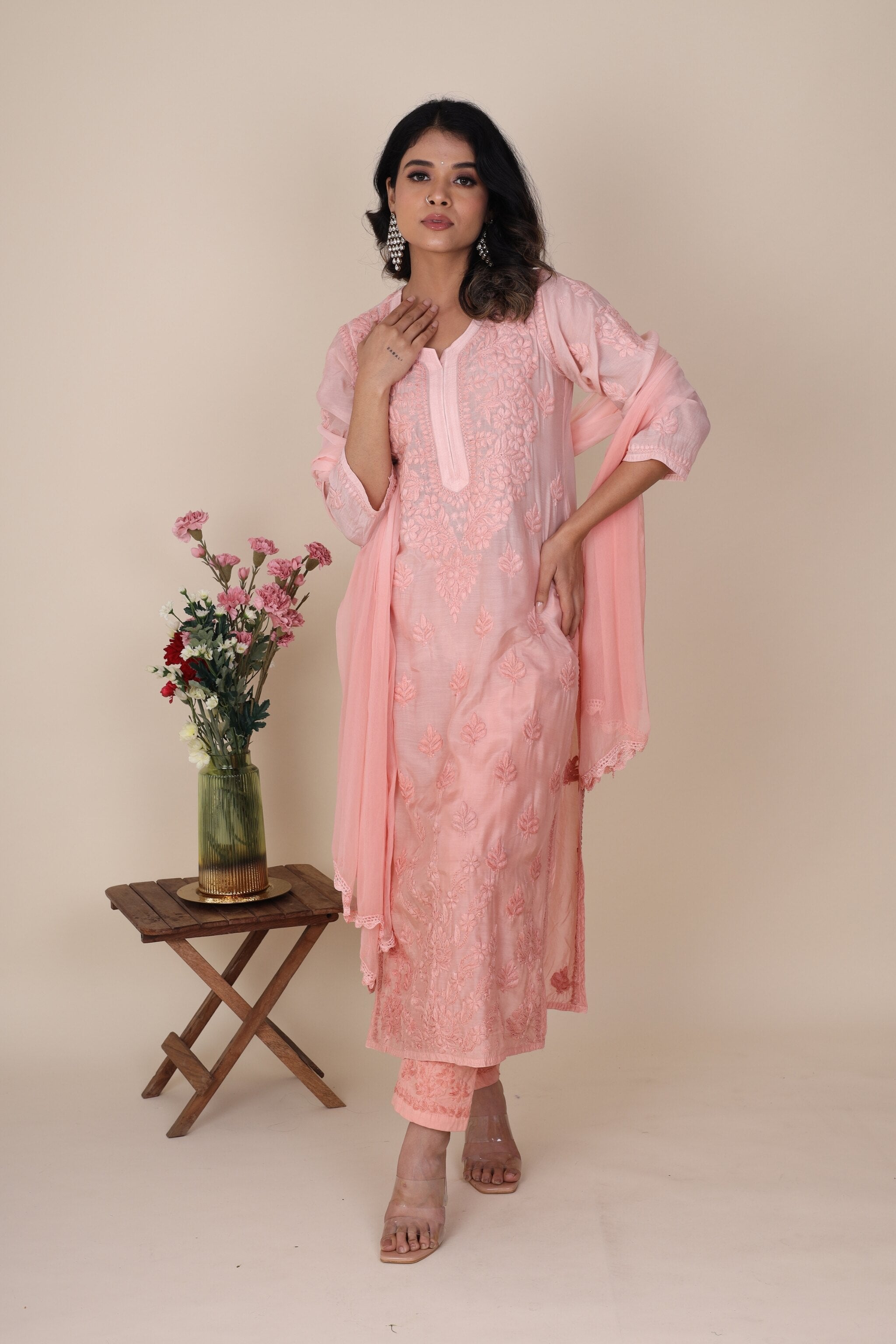 Gauhar Peach Fuzz Kurta Set featuring muslin cotton kurta with Chikankari embroidery, lycra bottom, and chiffon dupatta