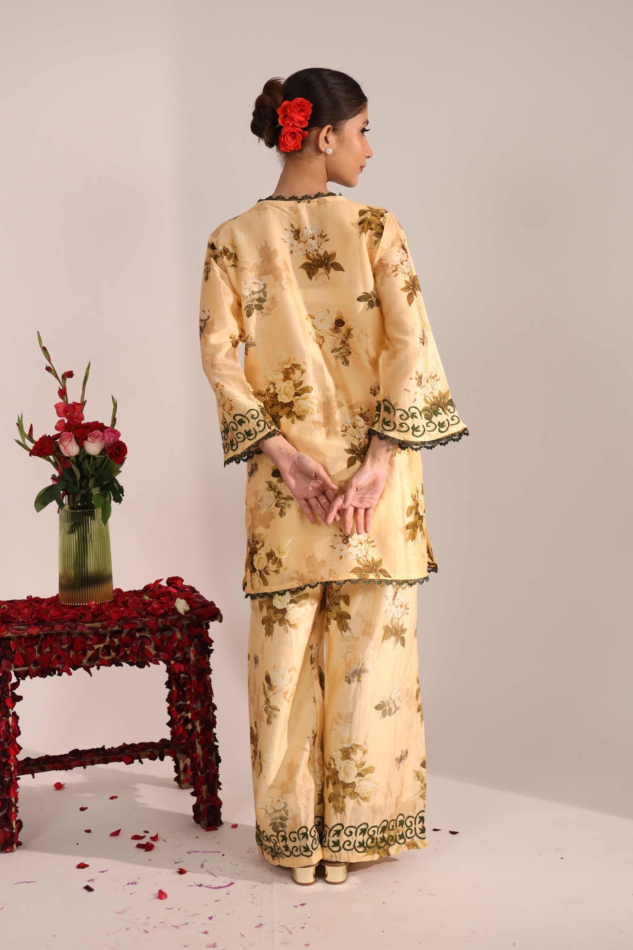 Back view of full length Handcrafted Chikankari Chaneri Co ord Set on a plain background