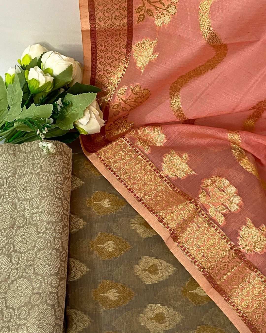 Handloom Banarasi silk suit fabric with grey kurta, brocade bottom, and carrot pink dupatta