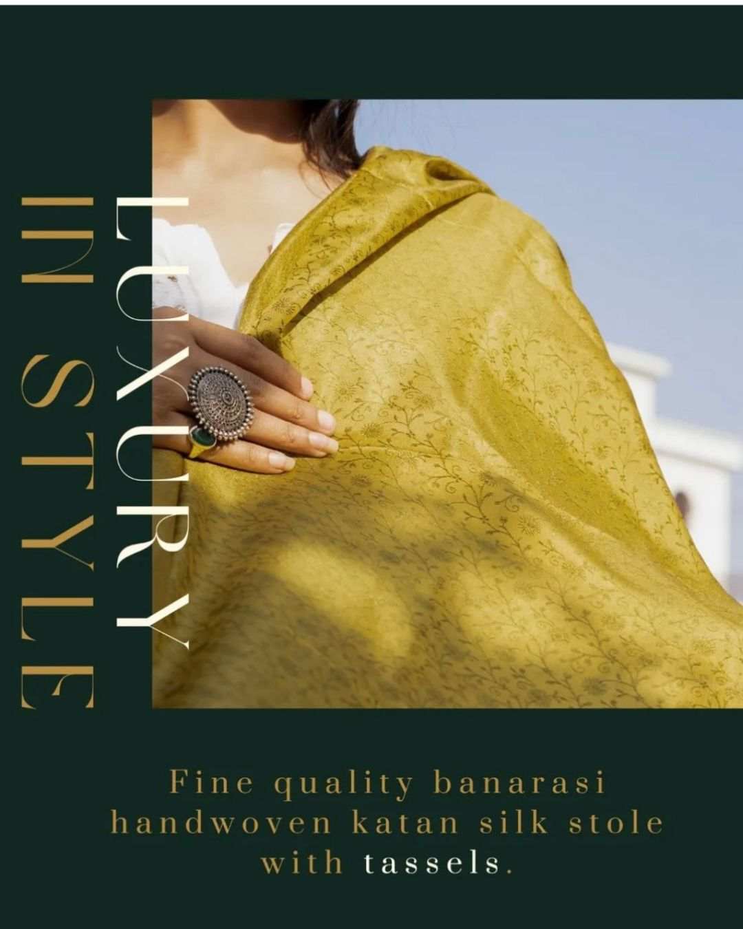Handloom Katan Silk Stole in greenish yellow with intricate Banarasi silk weaving and zari work
