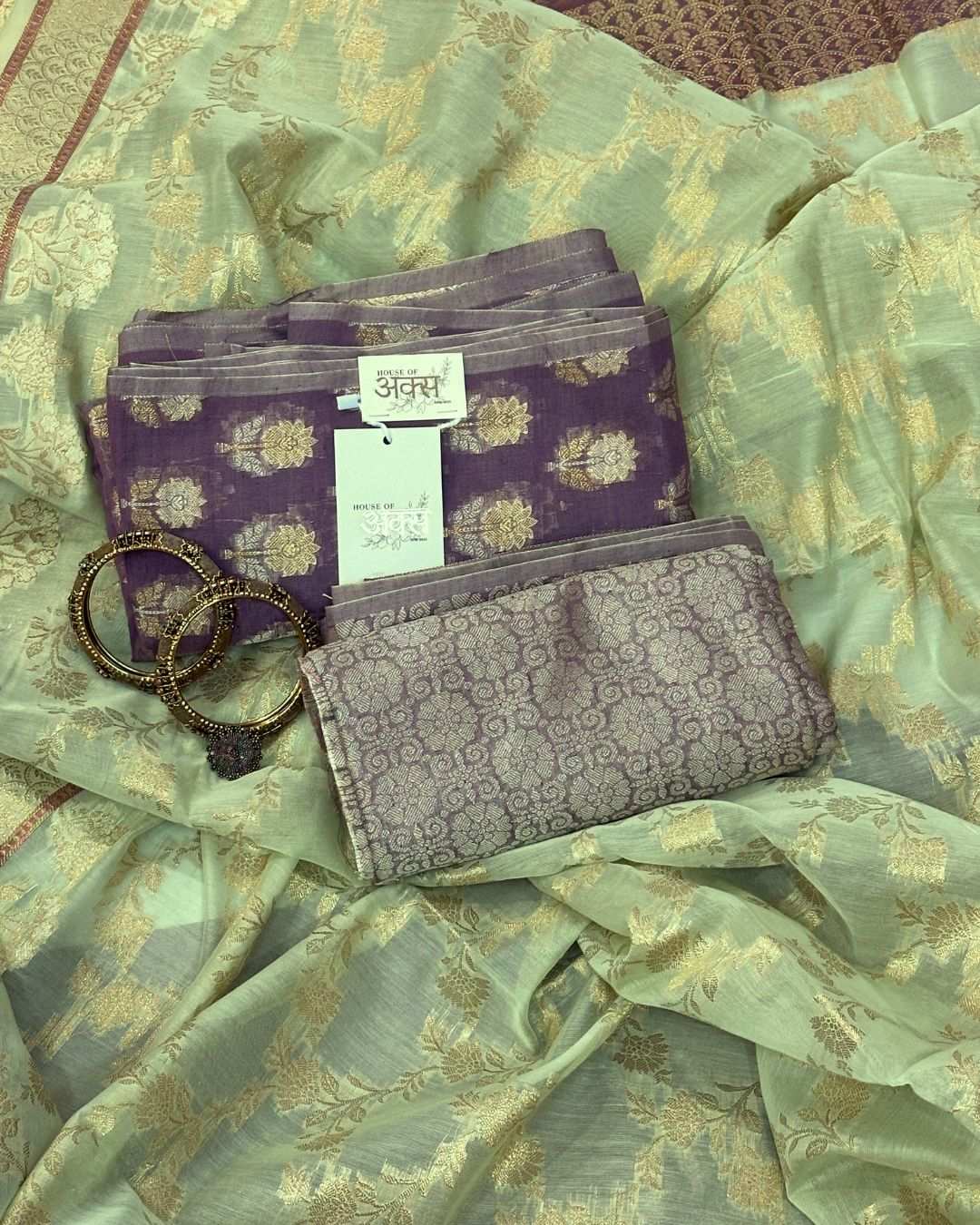 Handloom silk suit Banarasi fabric with purple kurta and mint green dupatta three-piece set