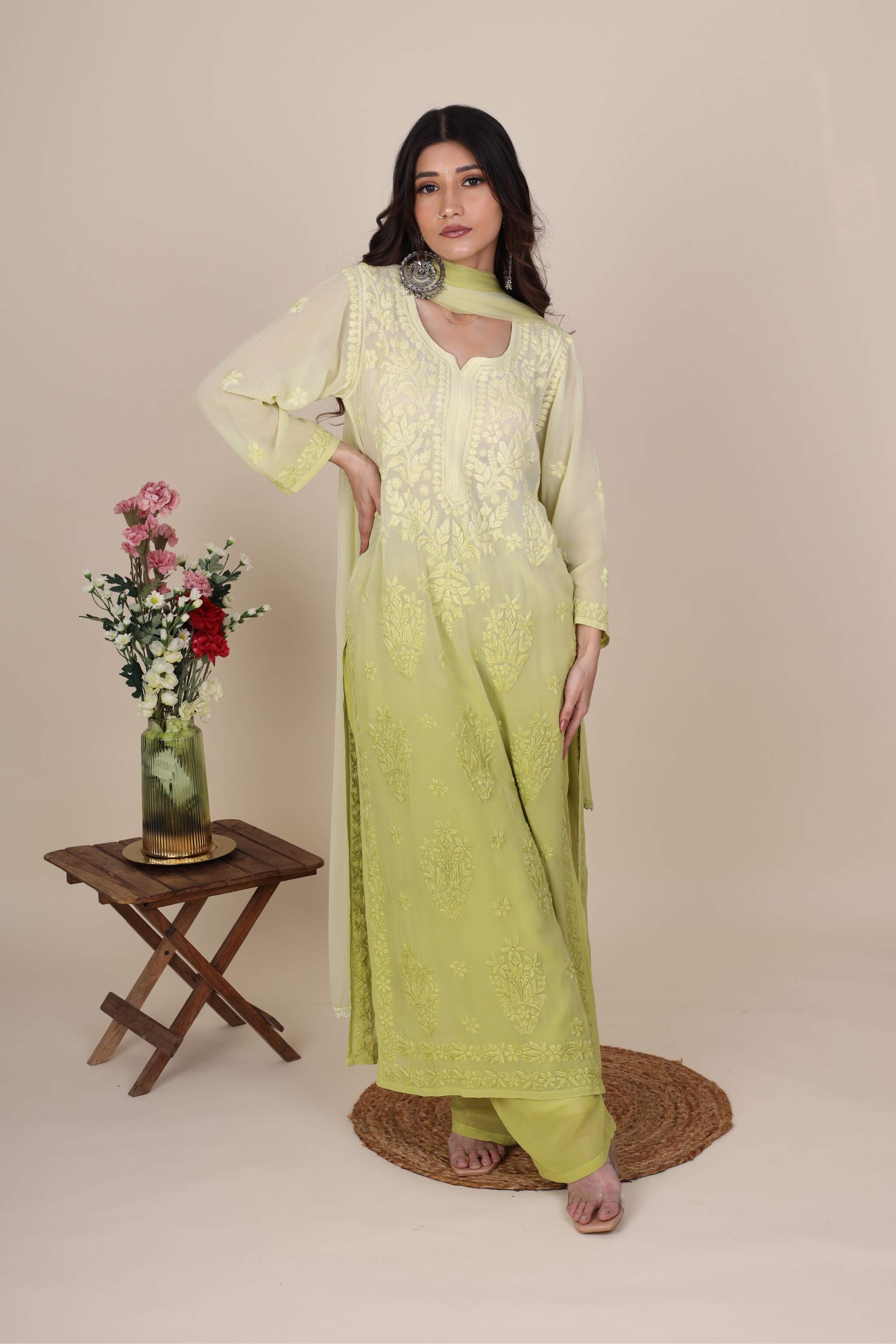 Green ombré Heer Jade Kurta Set in soft viscose georgette with chiffon dupatta, ideal for summer and office wear