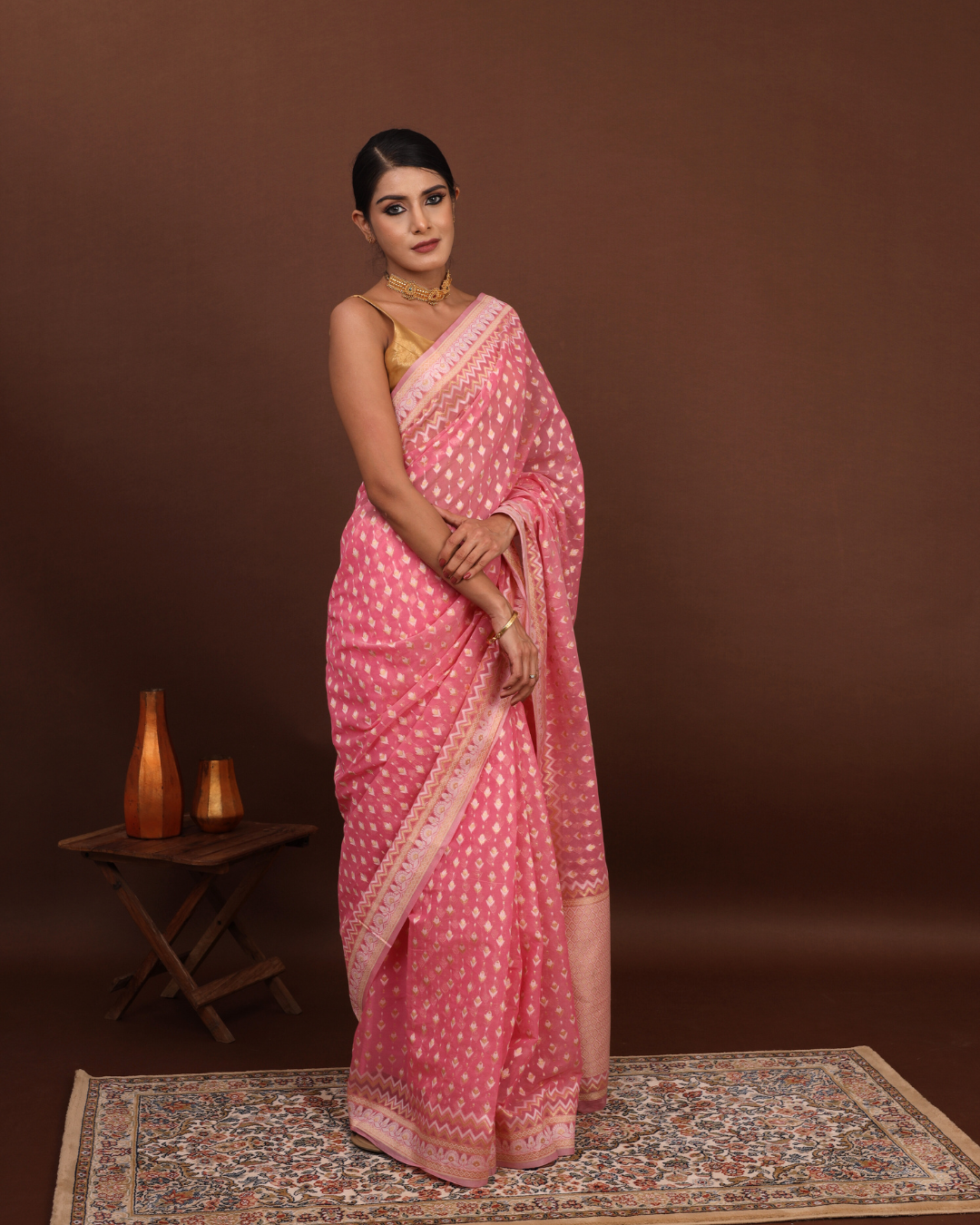 Imperial Rose Handloom Banarasi Jamdani saree in carrot pink with silver zari booties and intricate weaving