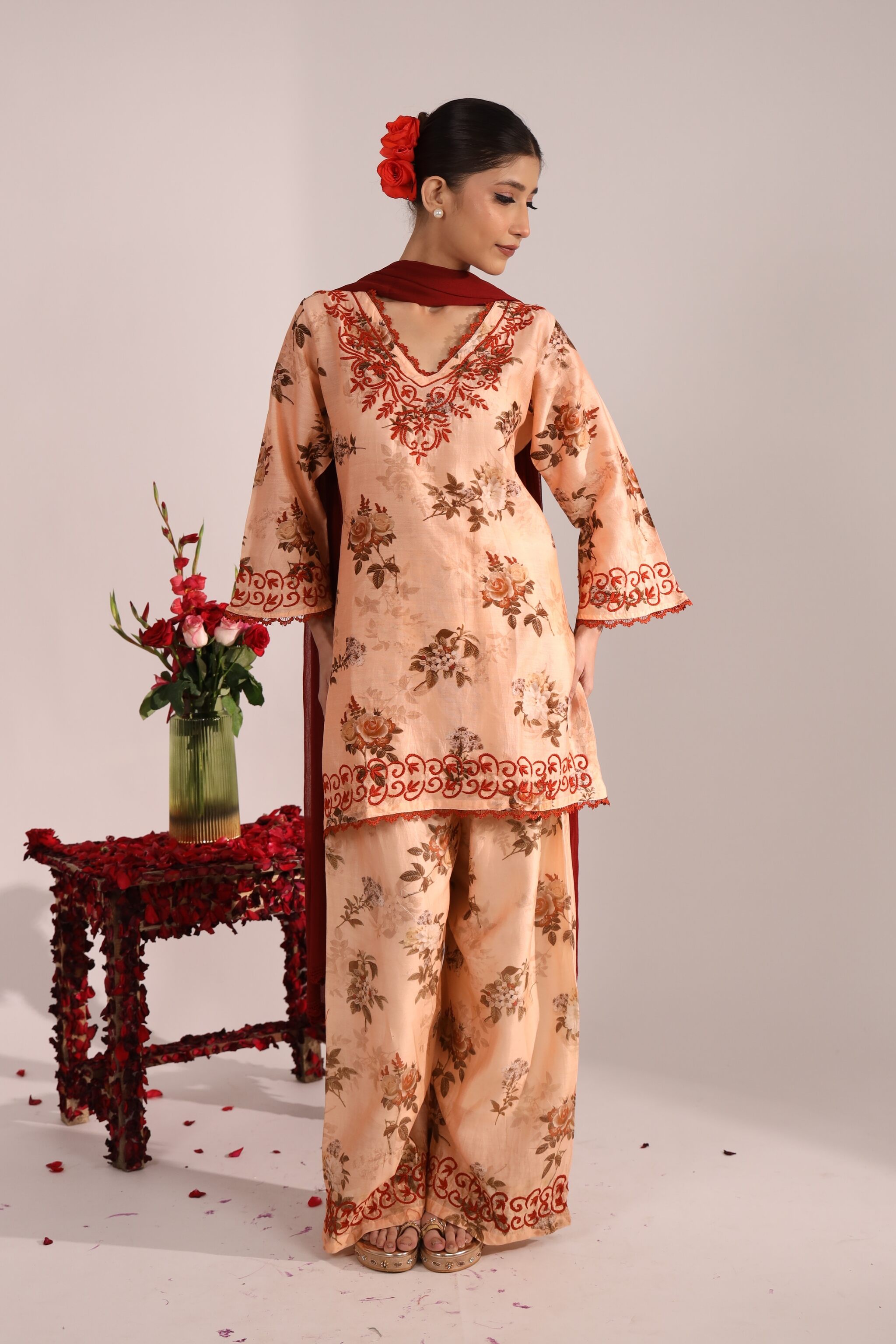 Front pose of model wearing Ladies Co ord Set Sanorita in printed Chanderi with Chikankari embroidery