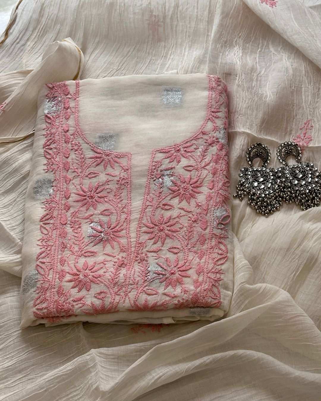 Cream Lucknowi Chikankari fabric with pink embroidery in kurta and dupatta set for women