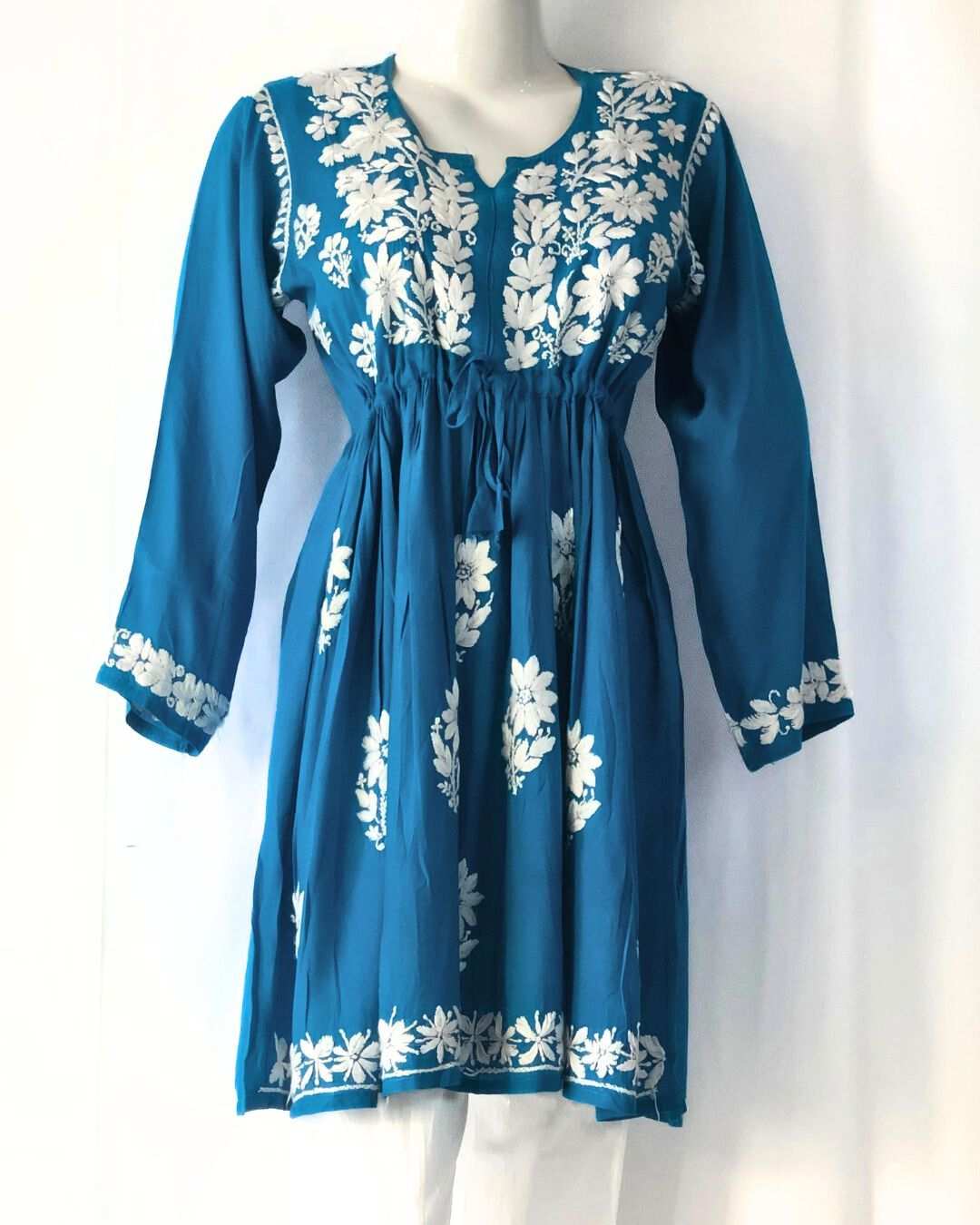 Blue Lucknowi Chikankari Short Frock Kurti in modal cotton for women