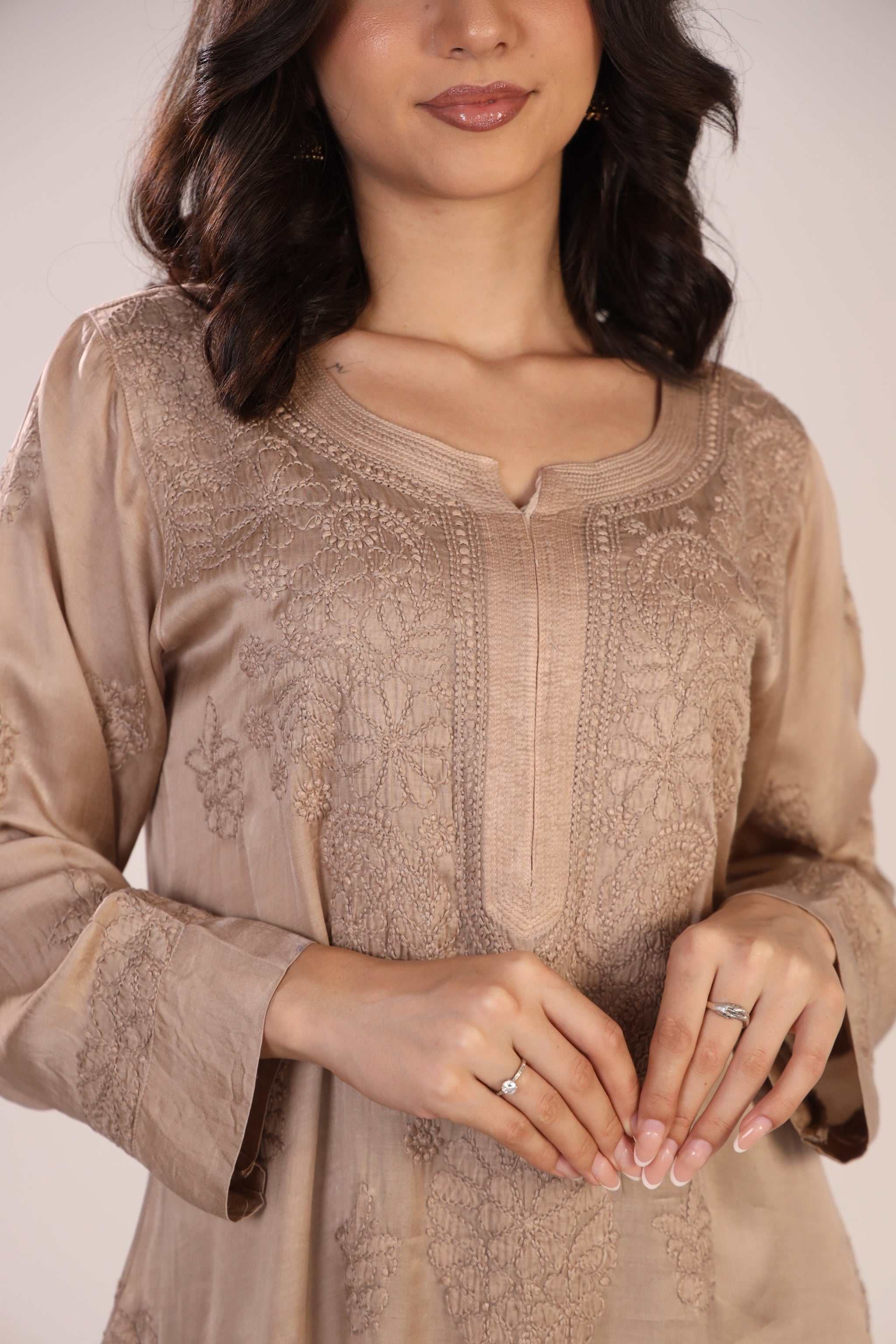 Close-up of Chikankari embroidery on Lucknowi kurta