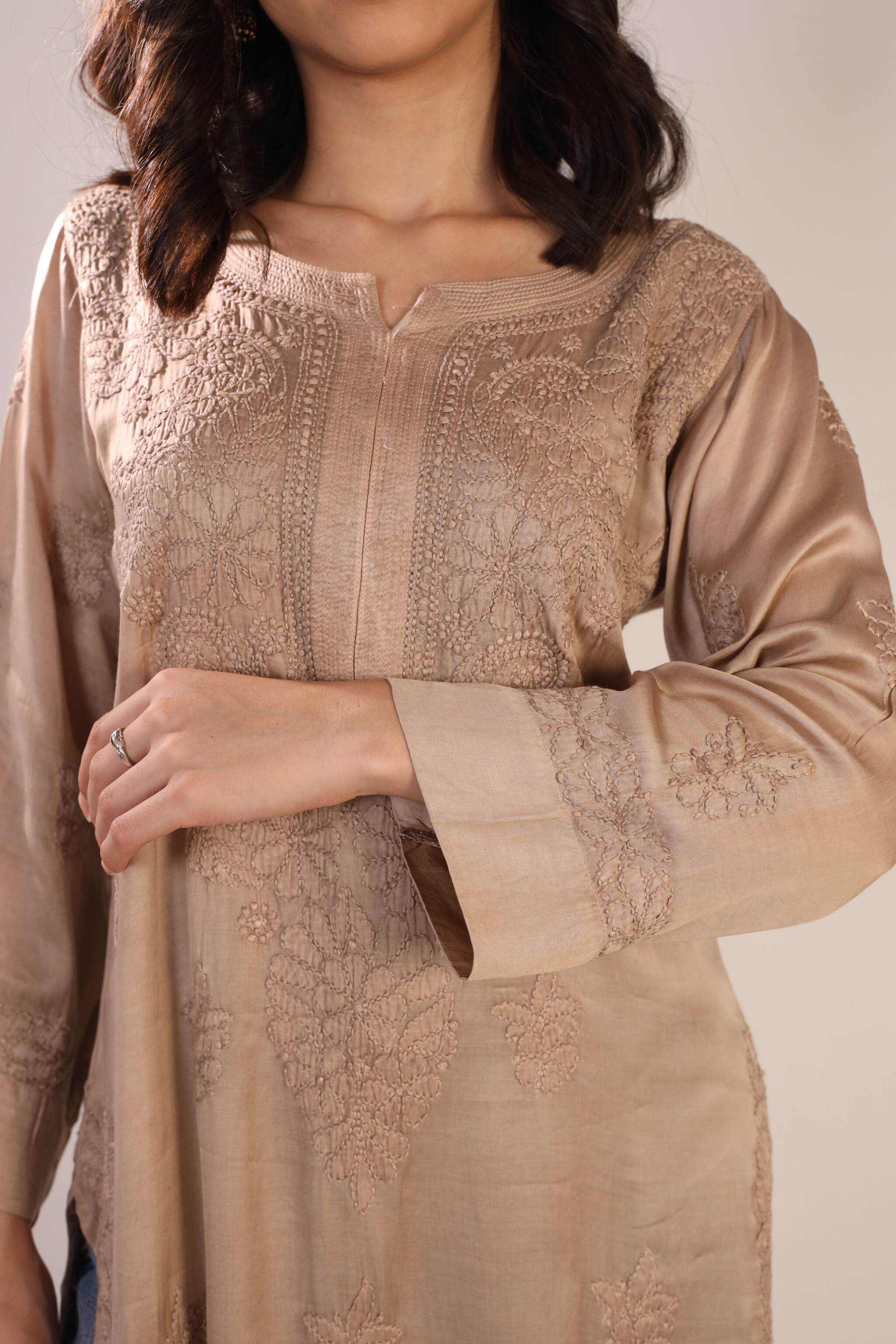 Close-up of Chikankari embroidery on Lucknowi kurta