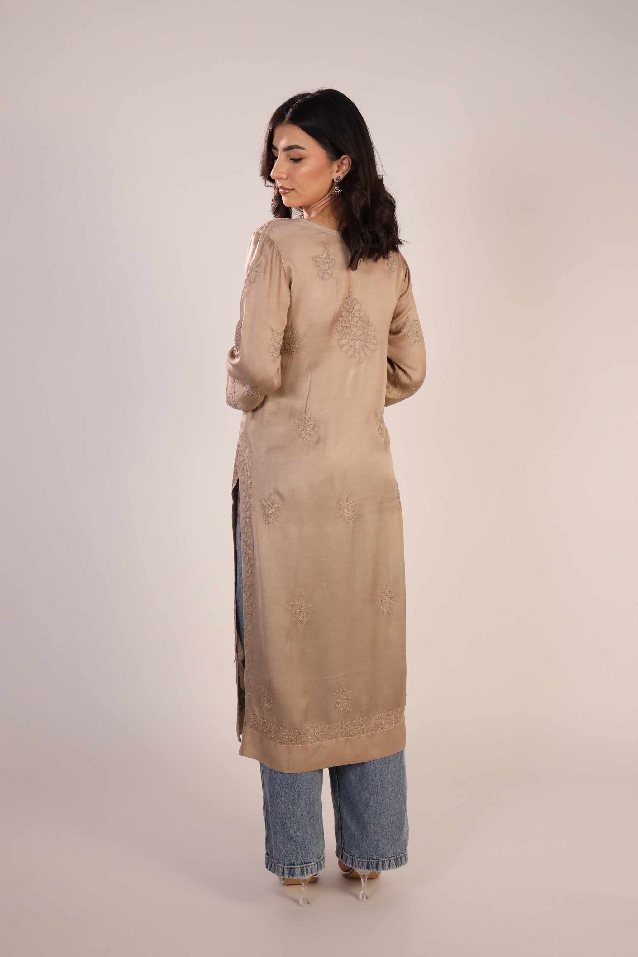 Back view of beige Lucknowi kurta for women