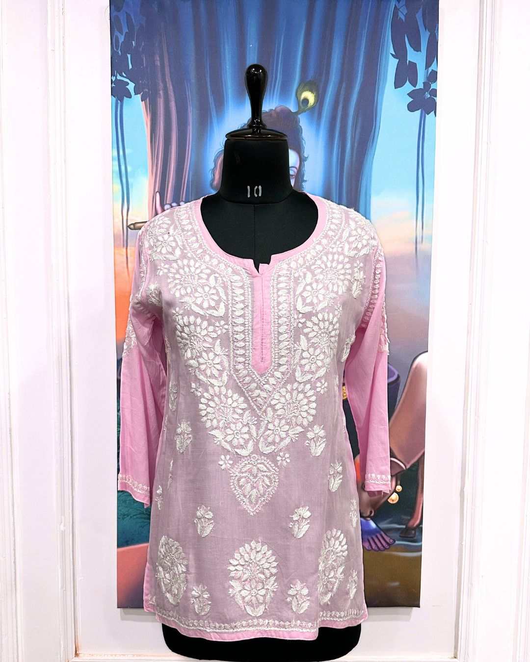 Modal pink chikankari short kurti made from soft modal cotton with intricate embroidery