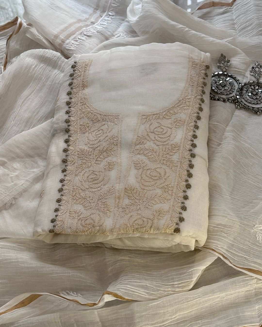 Cream-colored Mulmul Chikan dress material for women with intricate chikankari embroidery, unstitched 2-piece set including kurta and dupatta