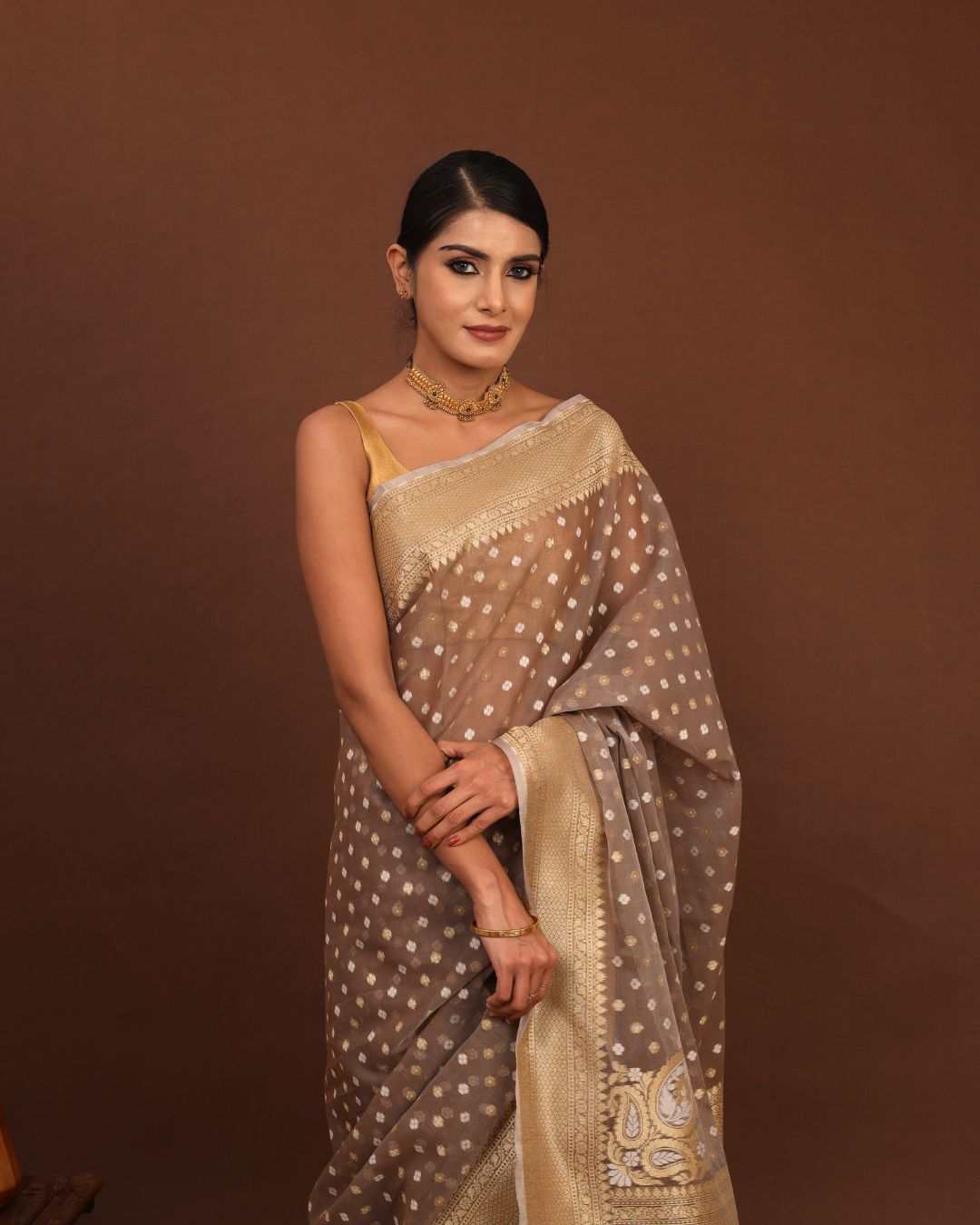 Mystic Mocha Jamdani Banarasi Saree