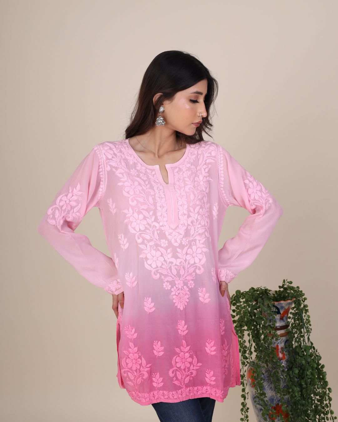 Ombre pink muslin cotton short kurti with handcrafted Chikankari embroidery