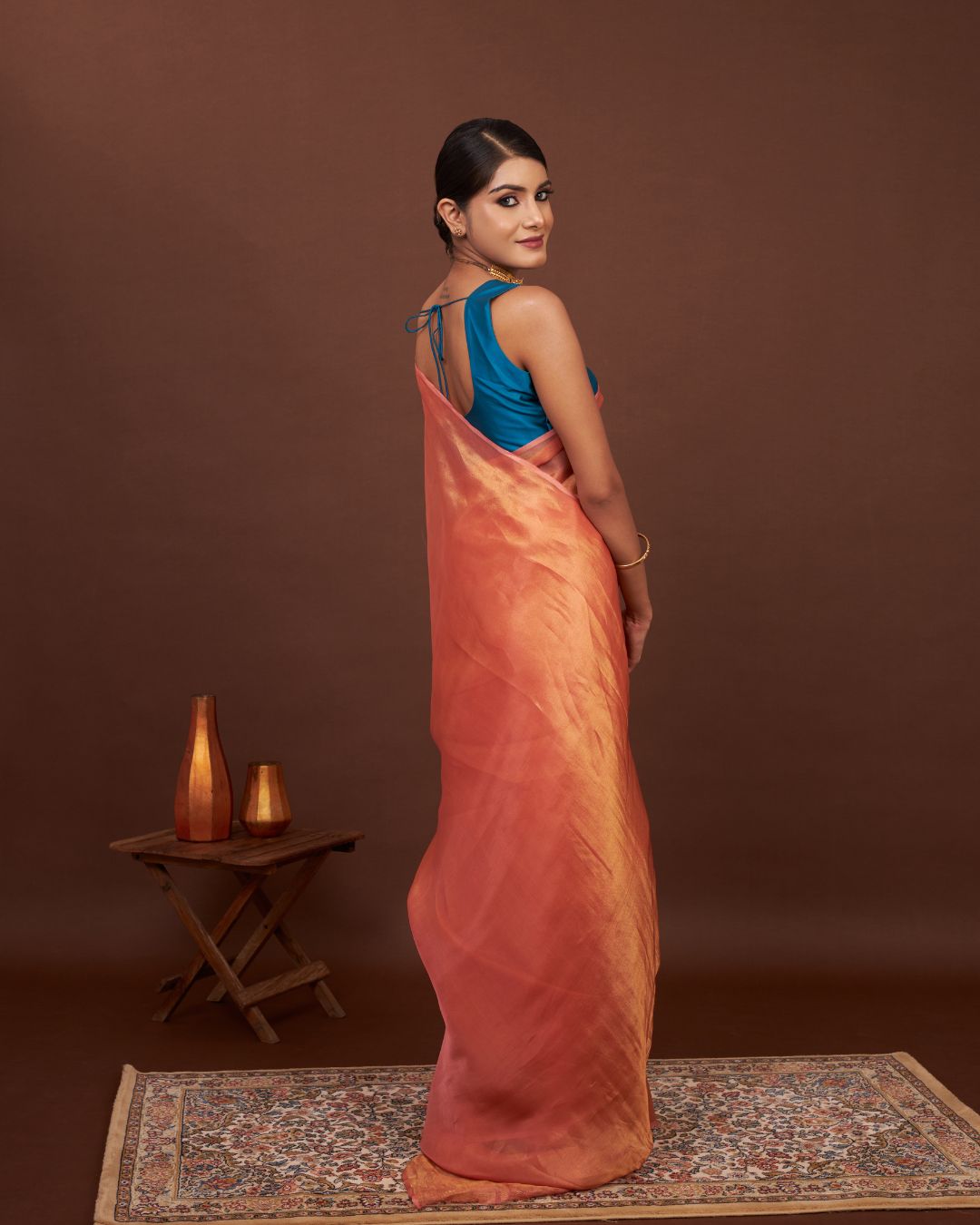 Turkish Rose Orange Tissue Silk Saree For Wedding