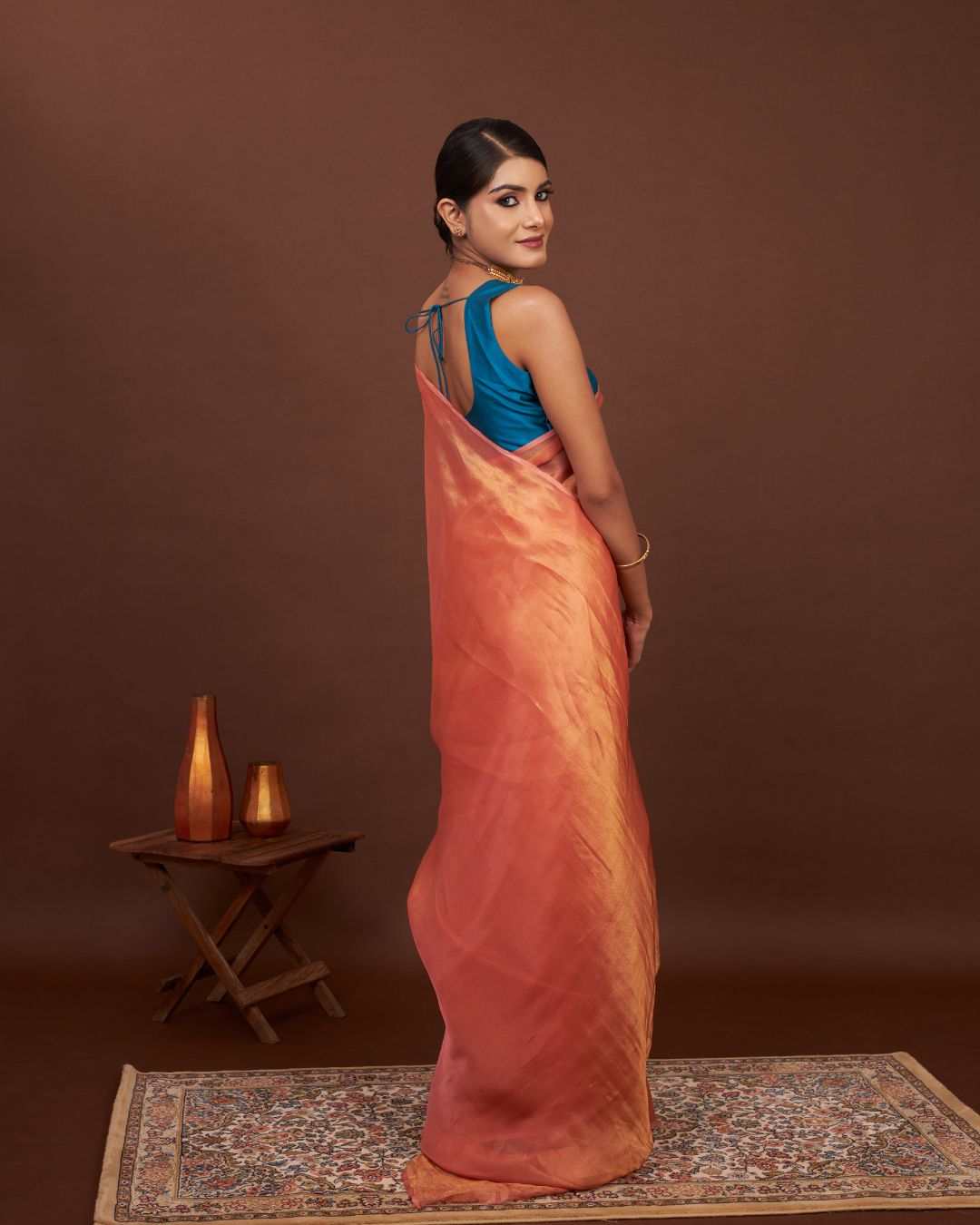 Tissue Silk Saree For Wedding - Turkish Rose - Orange
