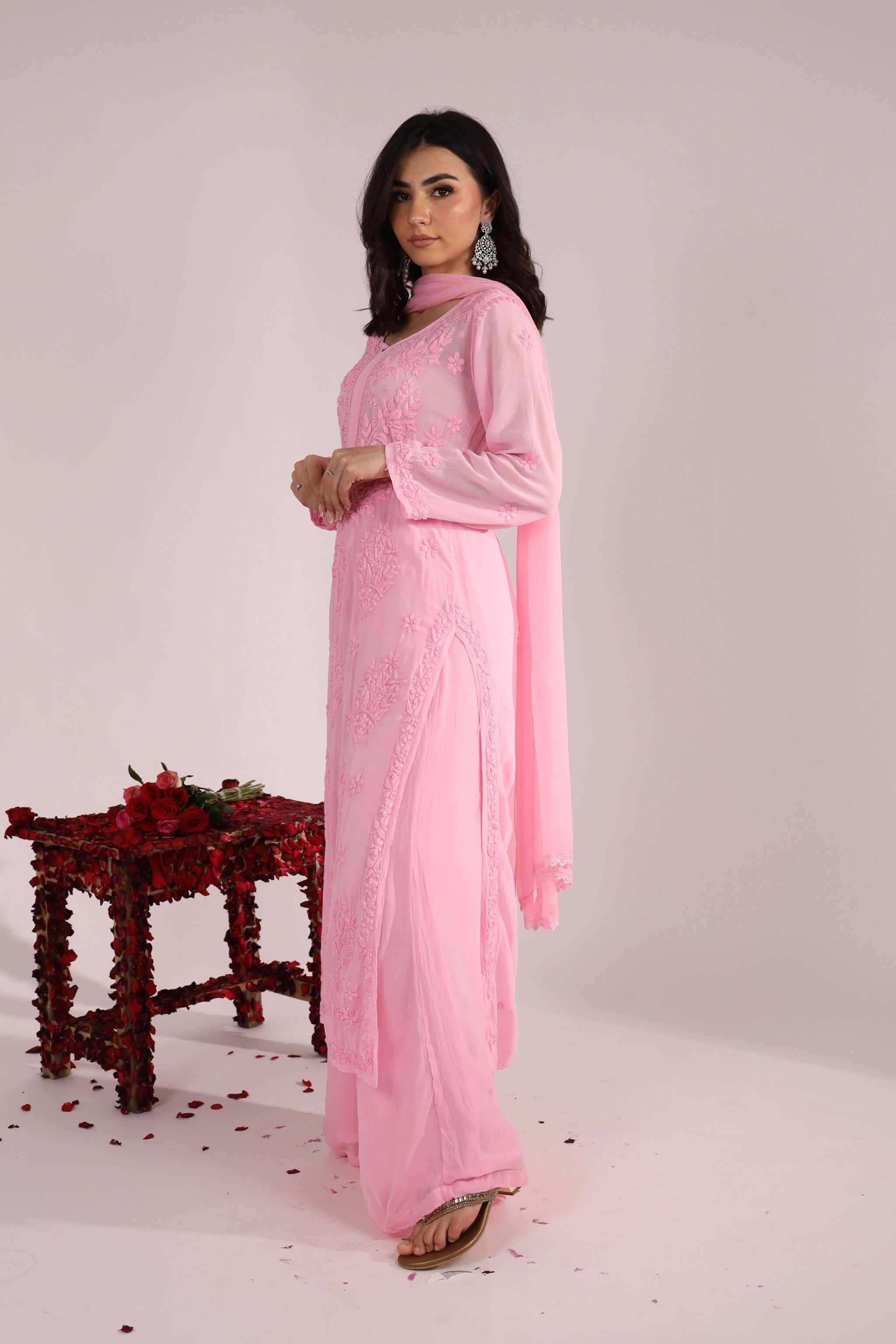 Back view of Mahi pink viscose georgette embroidered suit showing dupatta drape.