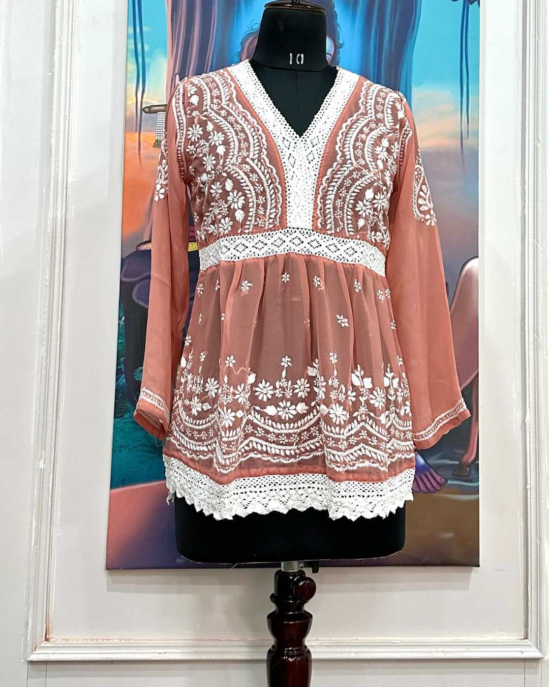 Peach Georgette Chikankari Kurti for ladies with full sleeves and hand embroidery