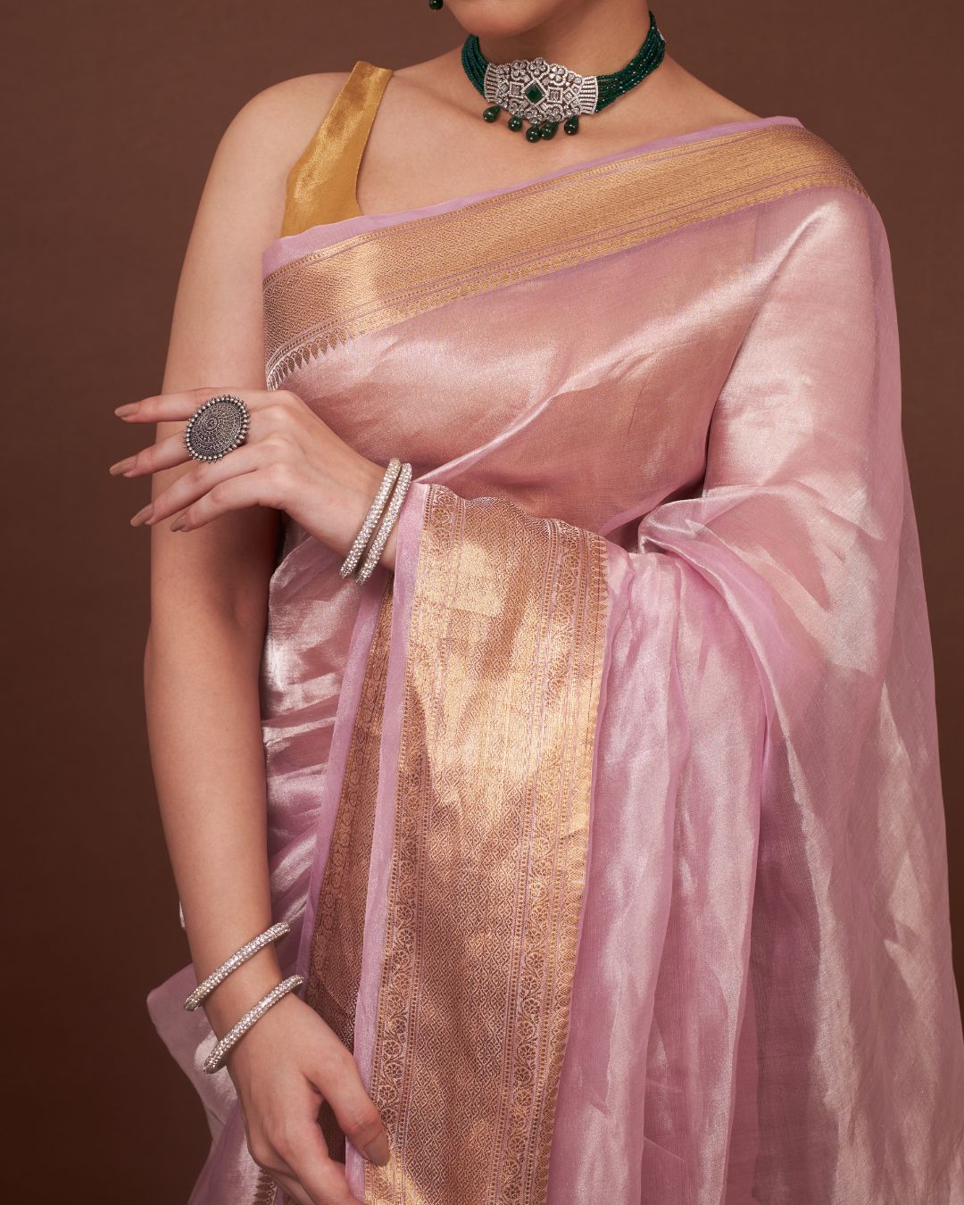 Regal Pearl Pink Banarasi Tissue Silk Saree