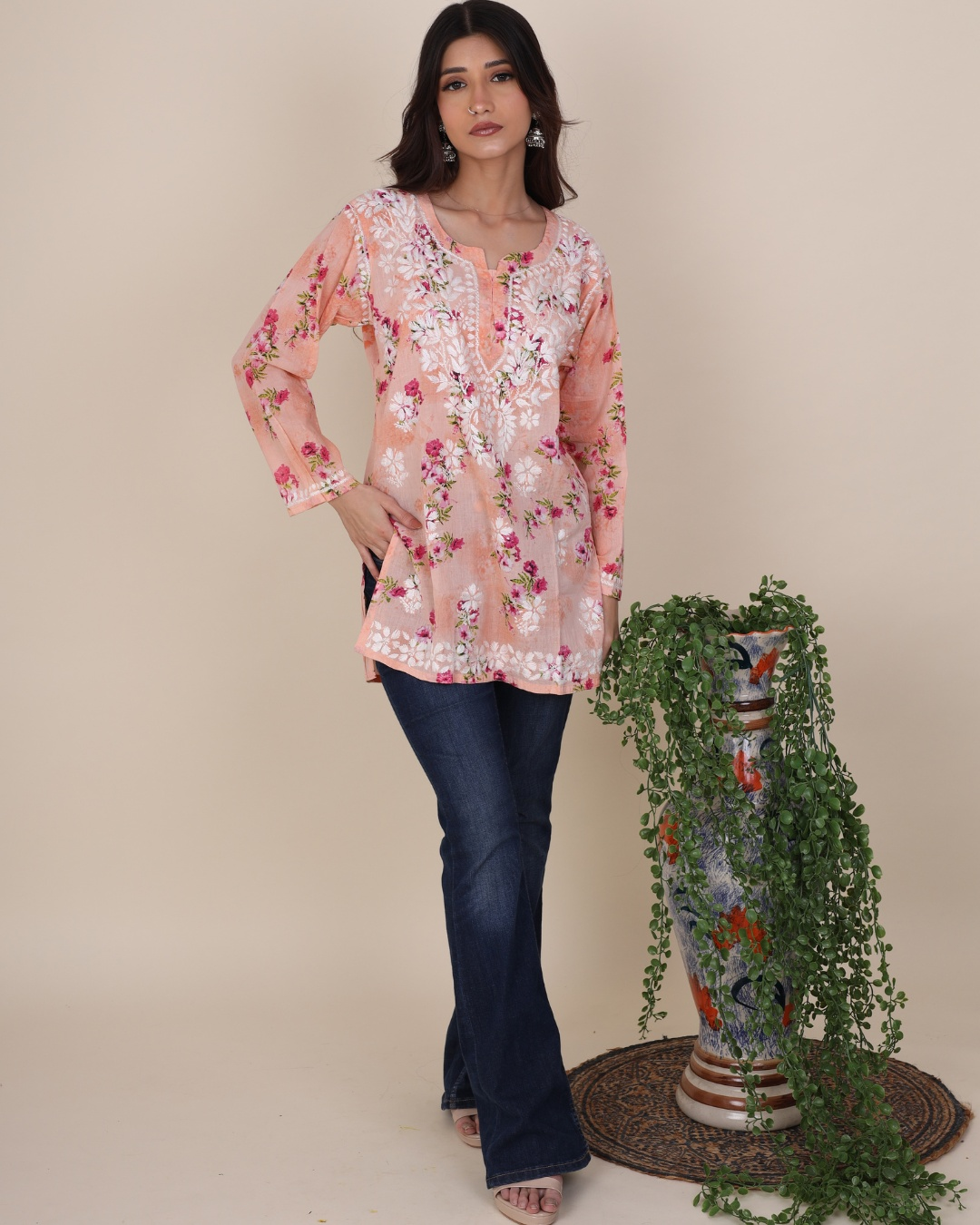 Phool Peach Chikankari Short Kurti mulmul cotton full sleeve peach kurti with printed fabric