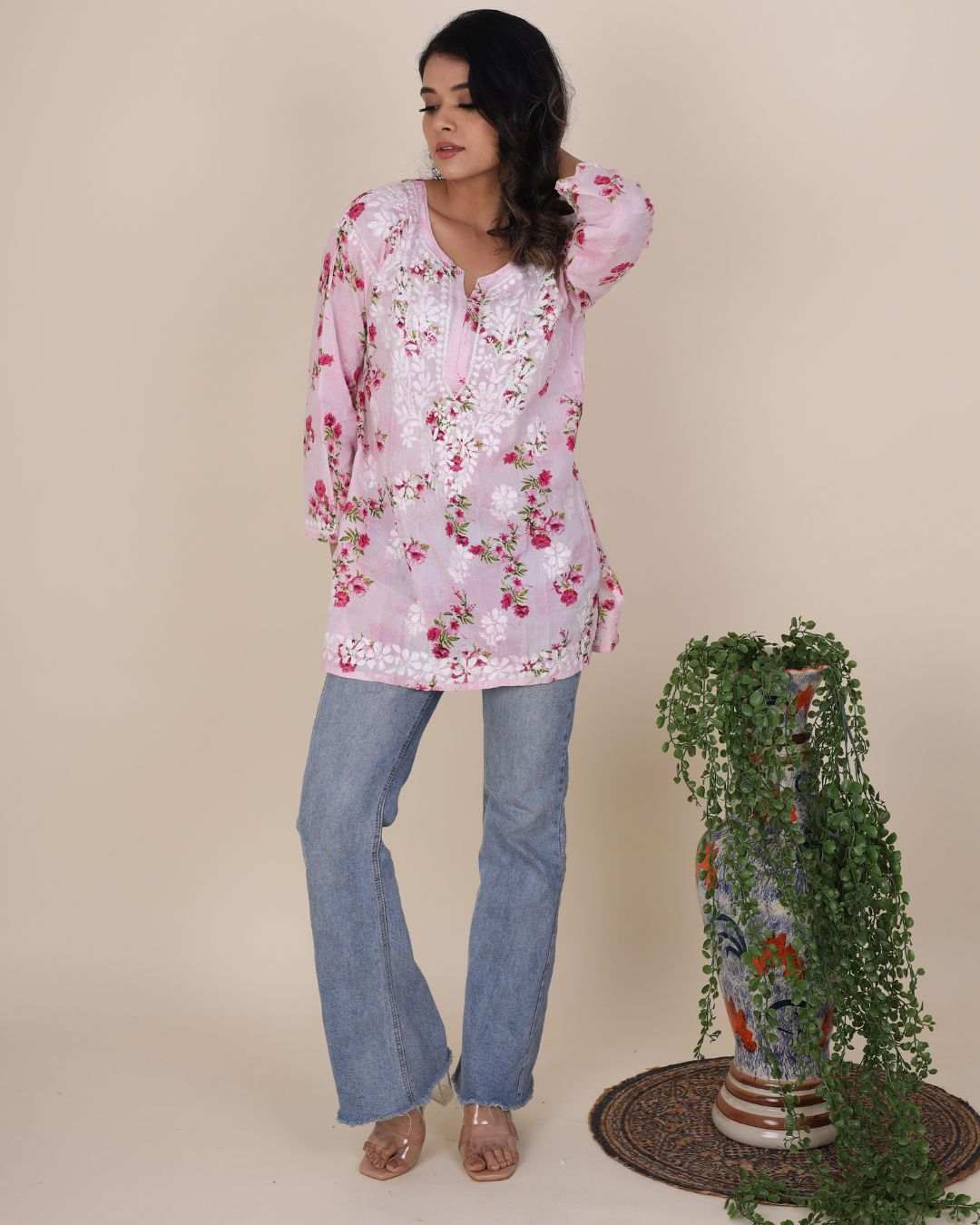 Phool Pink short Chikankari kurti in soft mulmul cotton with floral embroidery and full sleeves for women